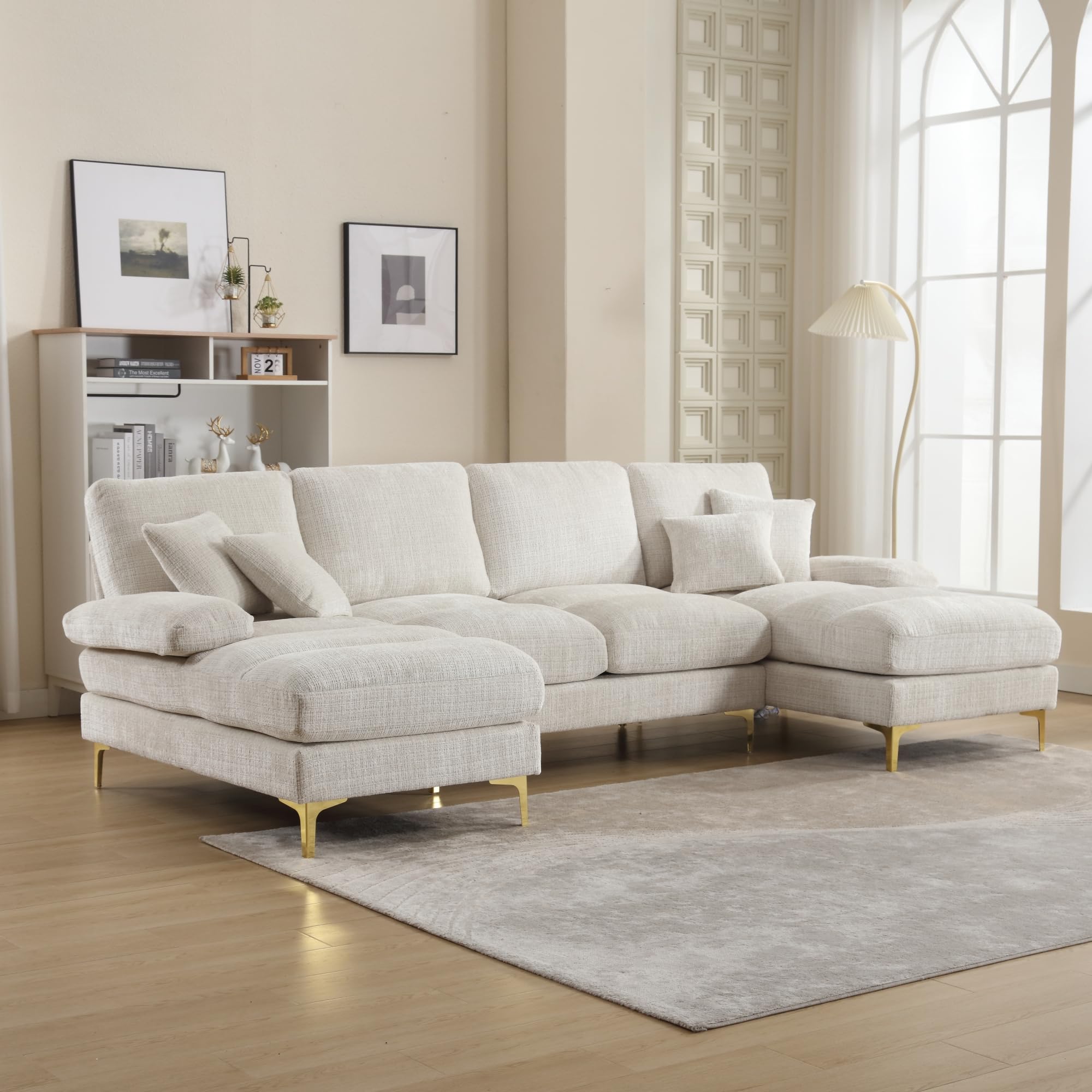 Lubvtti Sofá Moderno Grande de Chenilla en Forma de U con Asientos Dobles reclinables, sofá de Esquina, sofá 4 plazas para Sala de Estar/Dormitorio, Beige