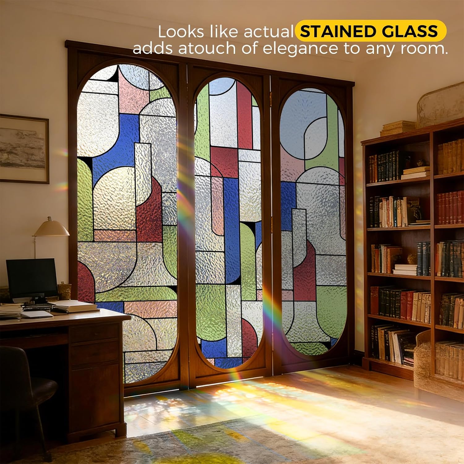 Stained Glass Window Privacy Film Decorative, Static Cling Stained Glass Sticker Opaque Heat Control UV Blocking Non Adhesive Window Film for Front Door,Home,22.8 x 78.7 inches Modern Geometry