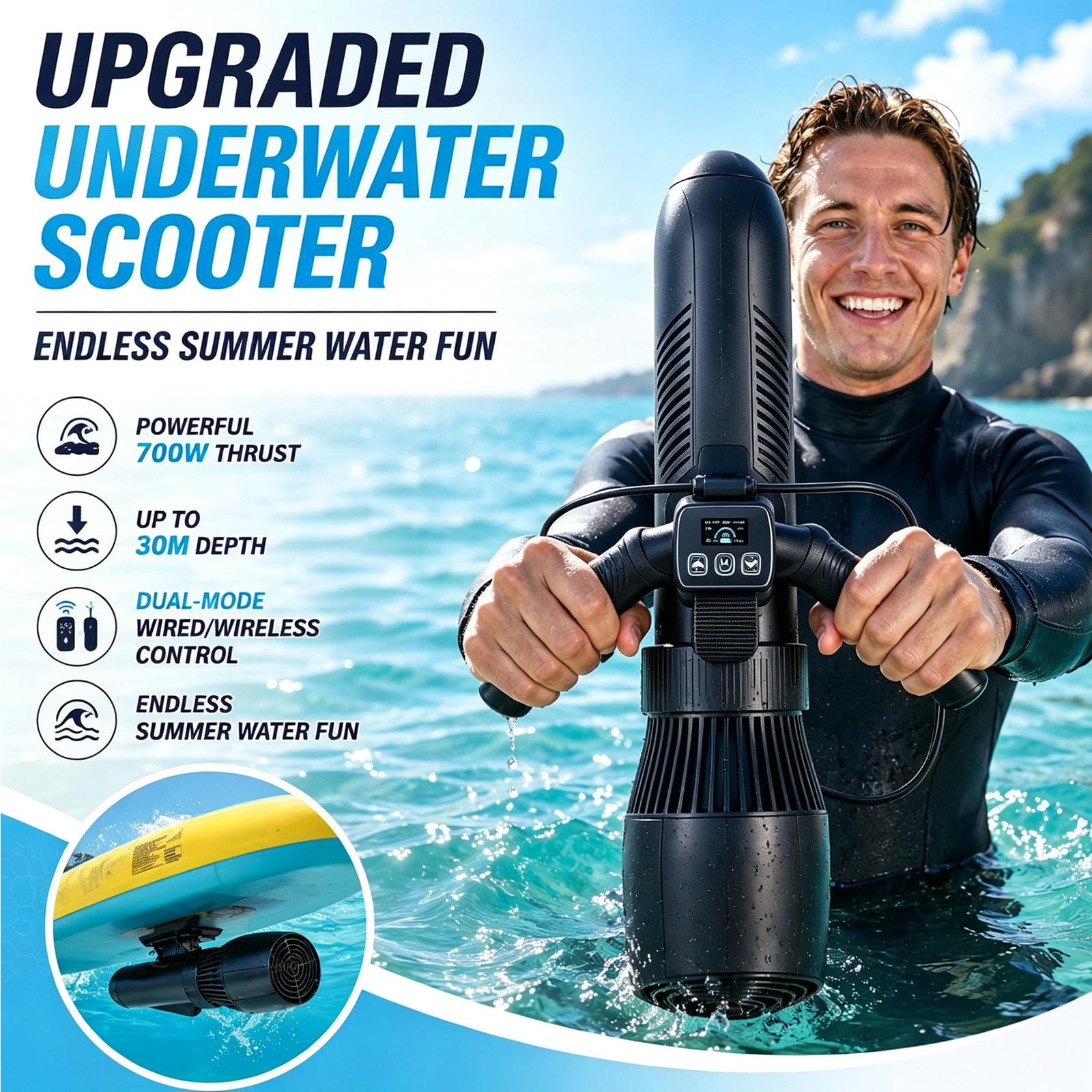 Scooter Submarino con Controlador Doble Modo y Asa de Buceo Ajustable, Profundidad 30M, Scooter Marino para Snorkel, Entrenamiento en Piscina, Tablas de SUP y Aventuras en Aguas Tranquilas 700W