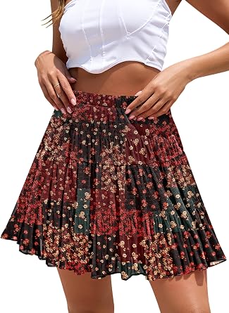 CYiNu Short Skirt for Women Summer Boho Flowy Chiffon Elastic High Waisted A Line Tiered Pleated Mini Skirt