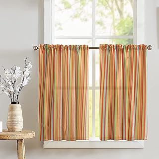 Zen Creative Designs Multi Stripe Print Tier Window Valance 2 Piece Set Home DÃ©cor Bedroom Nursery Kitchen Window (Green Orange)