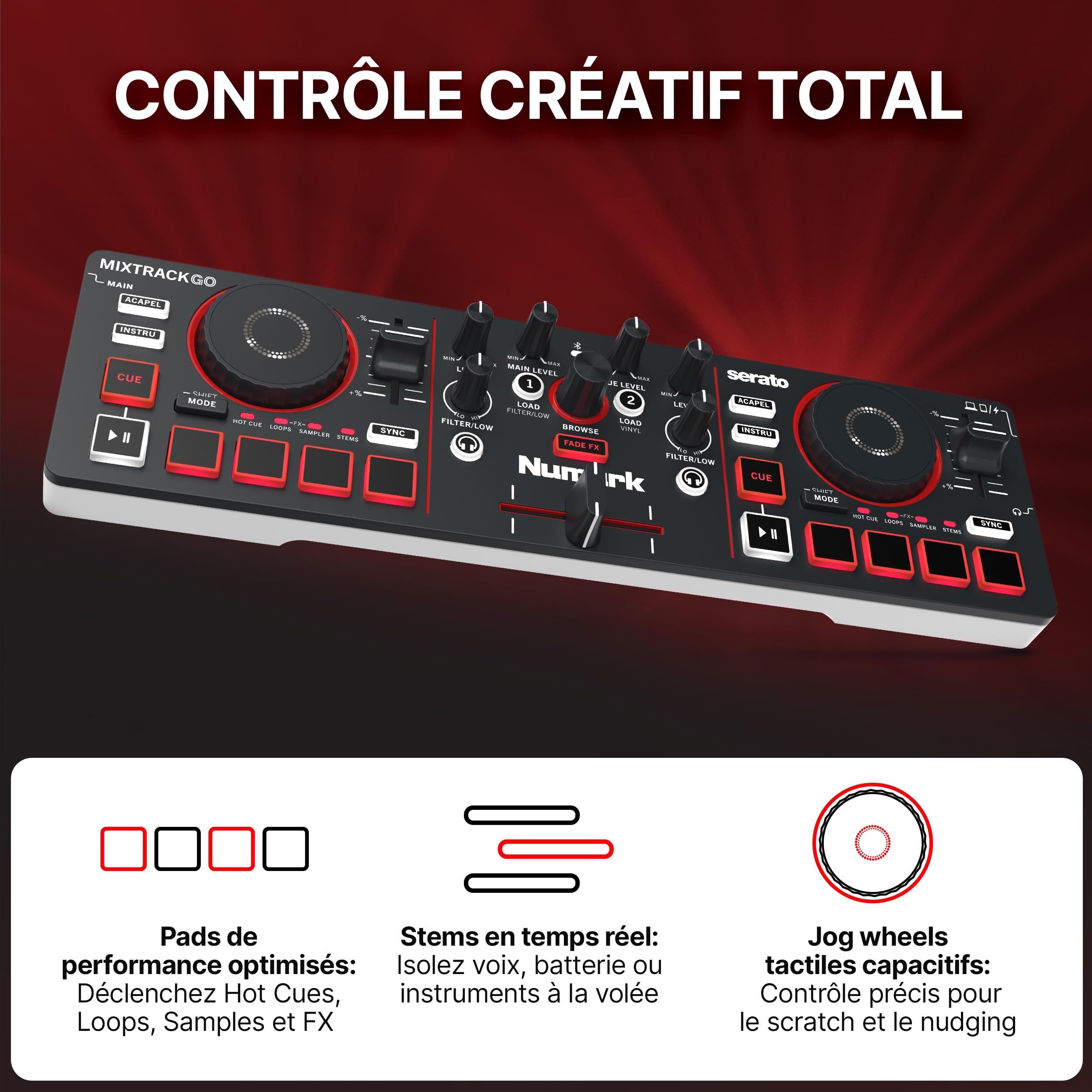 Numark MixTrack Go Controleur DJ Bluetooth Compact avec Stems