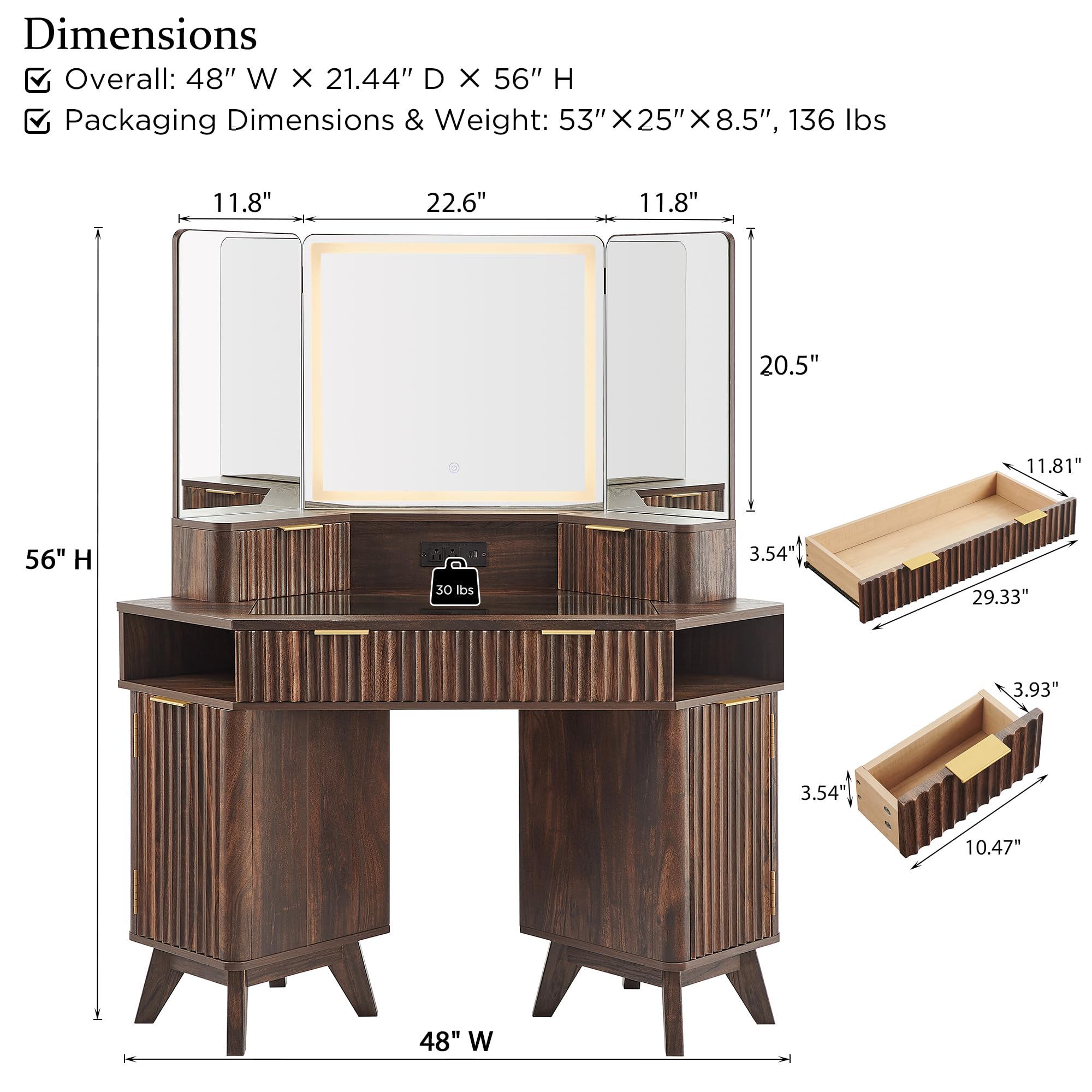 Schminktisch mit Rillenoptik, 3-Wege-Spiegel & Beleuchtung, 122 cm Eck-Kosmetiktisch mit Glasplatte, 3 Schubladen, Stauraum & Ladestation, Dunkel-Walnuss