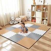 PIGLOG 16PCS EVA Foam Baby Play Mat - 0.6" Thick Interlocking Tiles for Safe Floor Play, Toddlers Kids (White-Brown-Grey)