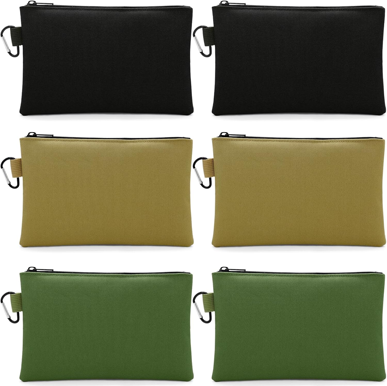 Faylapa 6 Pack Canvas Tool Pouches, 9.8"x6" Zipper Bag, Premium Waterproof Utility Multipurpose Storage Organizer Tool Pouch with Carabiner for Stationary, Pencil Pouch(Khaki, Army Green, Black)