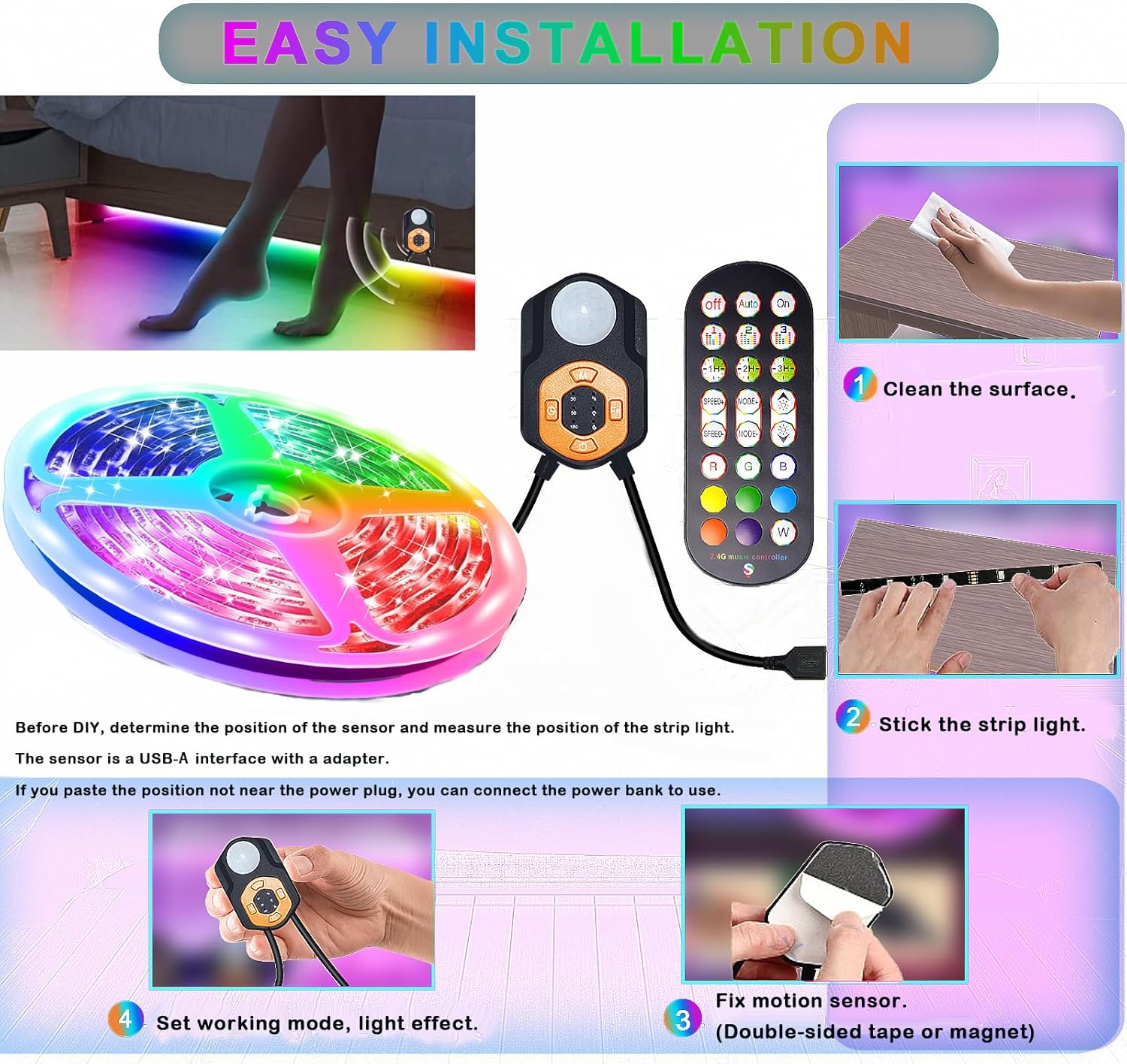 LED Strip Light Motion Sensor Under Bed Lights 2*9.84FT RGB,Remote/APP Control/Dimmable/Music Sync/Auto-Off Timer/Motion Activated Led TV Night Light for Bed Stair Cabinet Party Desk Wardrobe,Decorate