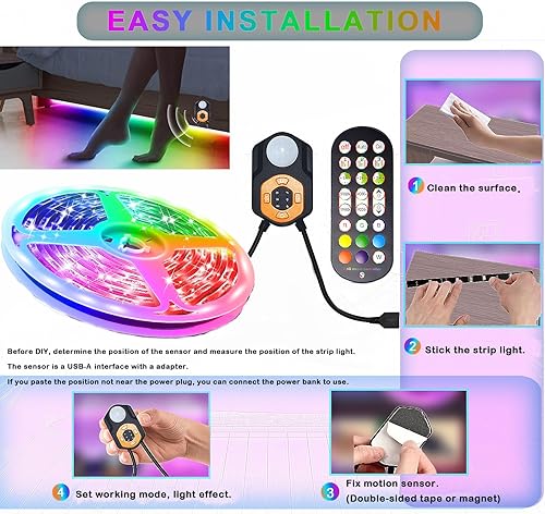 Miniatura 6 de Luces con sensor de movimiento para debajo de la cama, 2 juegos de tiras LED RGB de 9.84 pies con control de sensor, control remoto y aplicación, 3