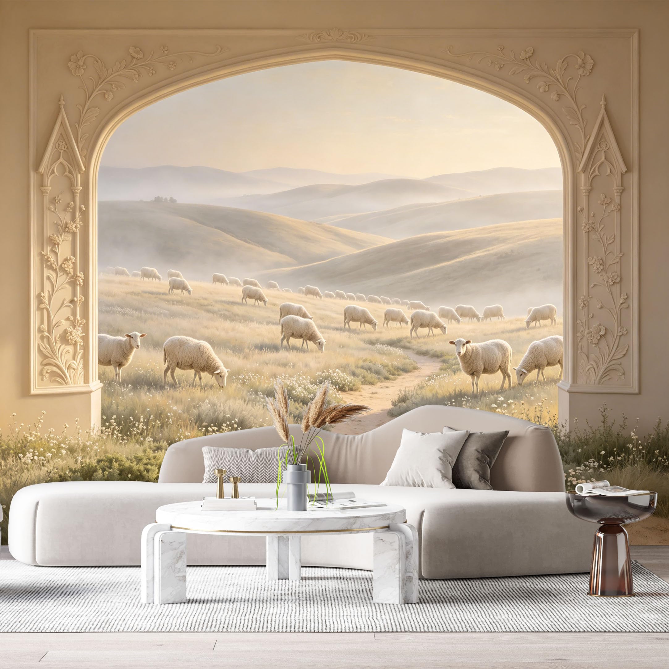 Custom Size Wall Murals Farmhouse Sheep Pasture Landscape 3D Trompe L'Oeil SelfAdhesiveWall Fabric Removable Wallpaper Wall Decor for Living Room Bedroom Bathroom