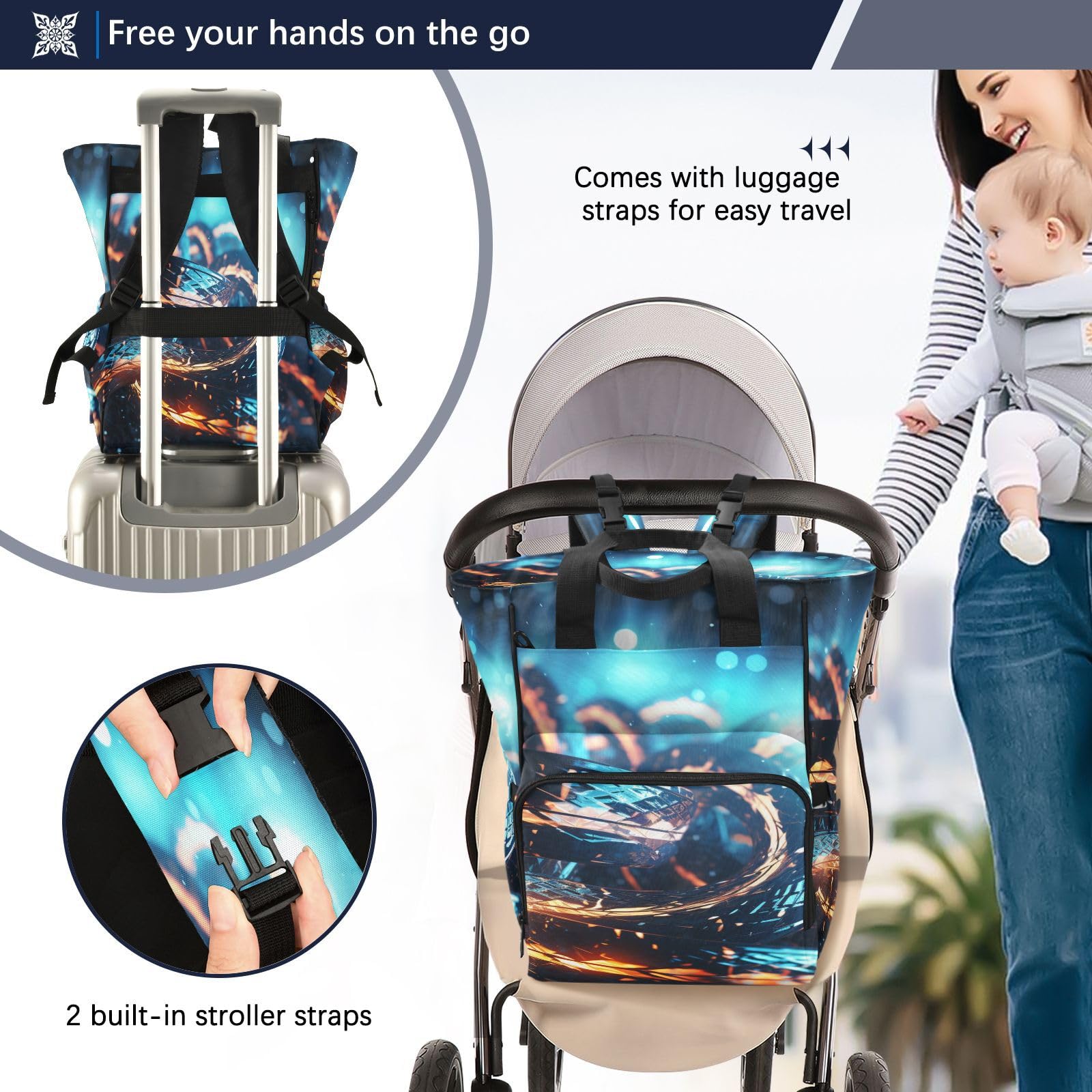 Serpientes Azules Fluido Brillante Mochilas de Pañales para Gran Capacidad Pañal Bolso Mochila para Viajar al Aire Libre Mamá y Papá