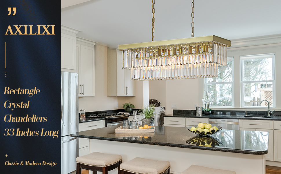 Image of Modern Rectangular Crystal Chandelier Gold Island Rectangle Pendant Light