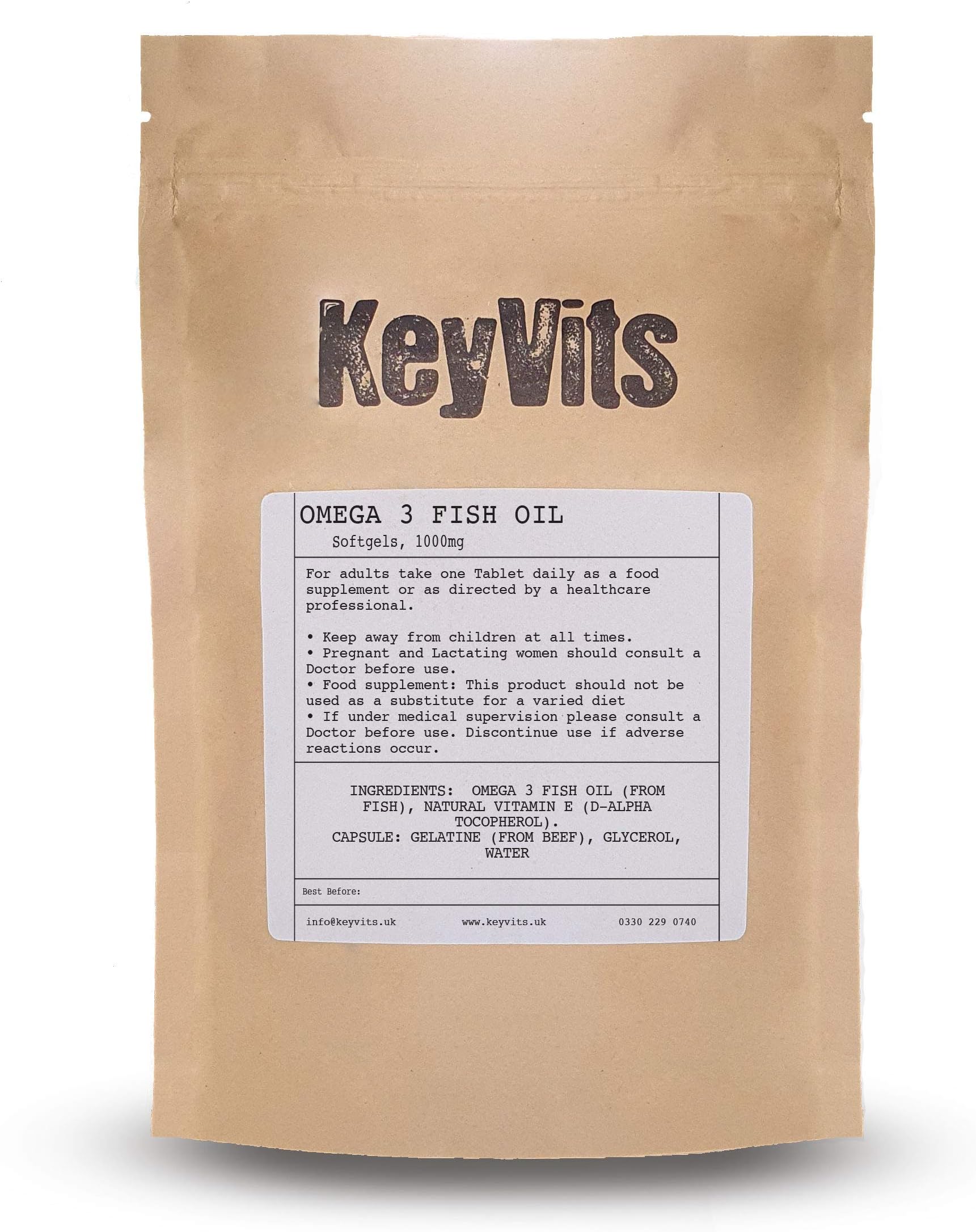 KeyVits Omega 3 Fish Oil 1000mg, 365 Capsules, High Strength Balanced EPA and DHA, with Natural Vitamin E, Independently Tested Contaminant Free, Made in The UK, Resealable Foil Pouch