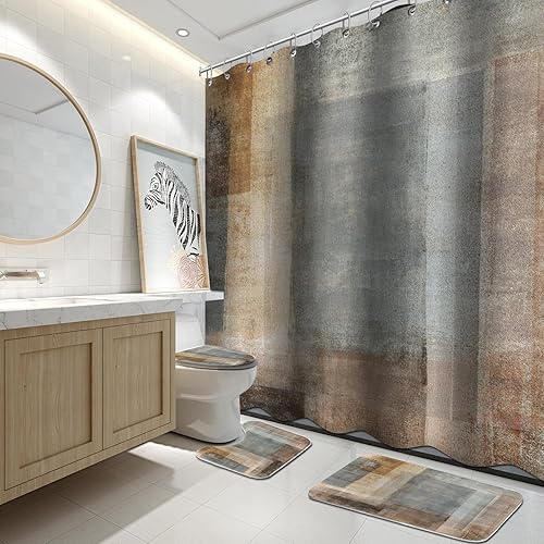 Lnond Juego de 4 cortinas de ducha de baño con alfombras, pintura degradada marrón con cortina de ducha y alfombras y accesorios