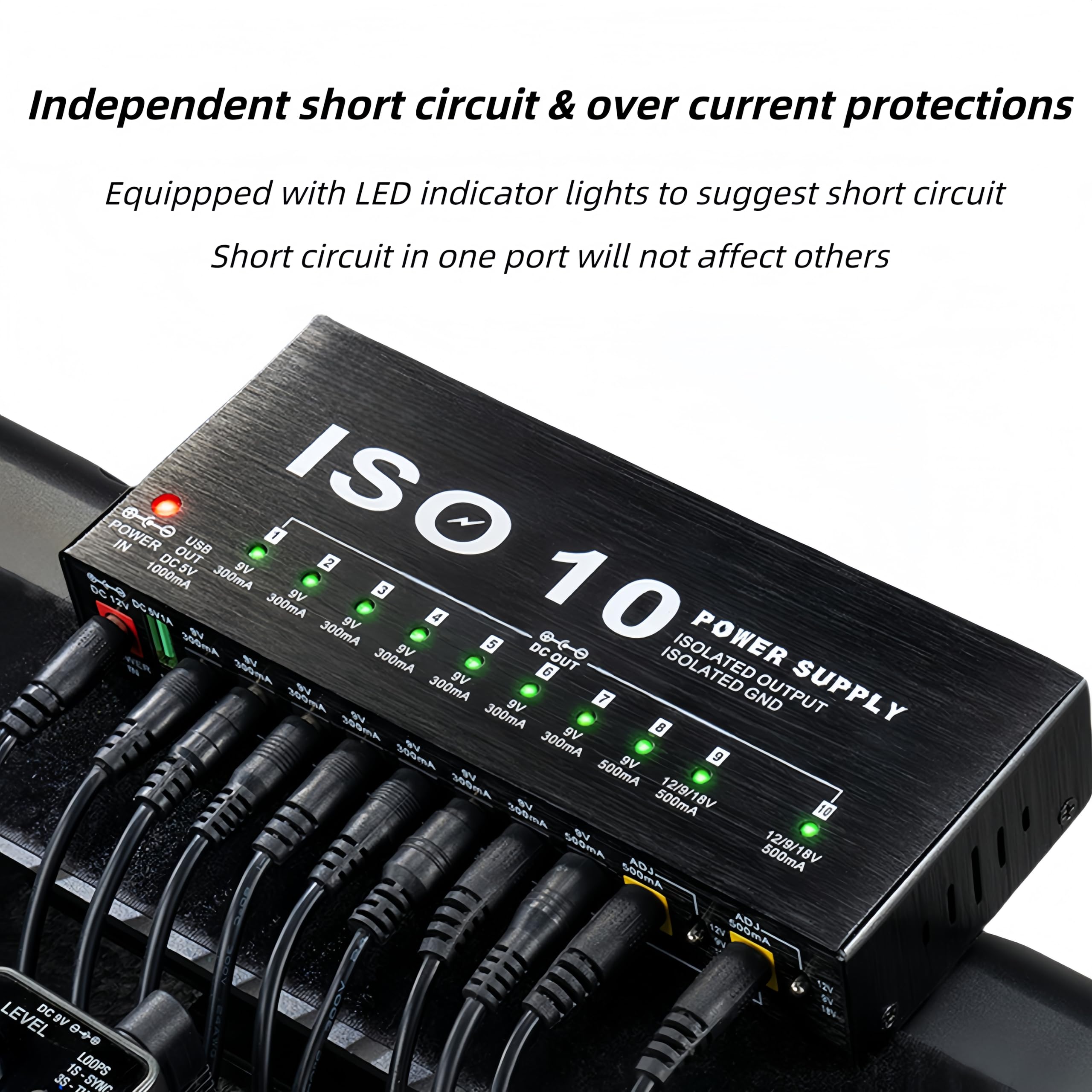 Alimentation pour pédale de guitare, 10 alimentations isolées réglables à sortie CC, petite alimentation portable avec indicateur lumineux LED pour pédale de guitare 9 V 12 V 18 V 300 mA 500 mA