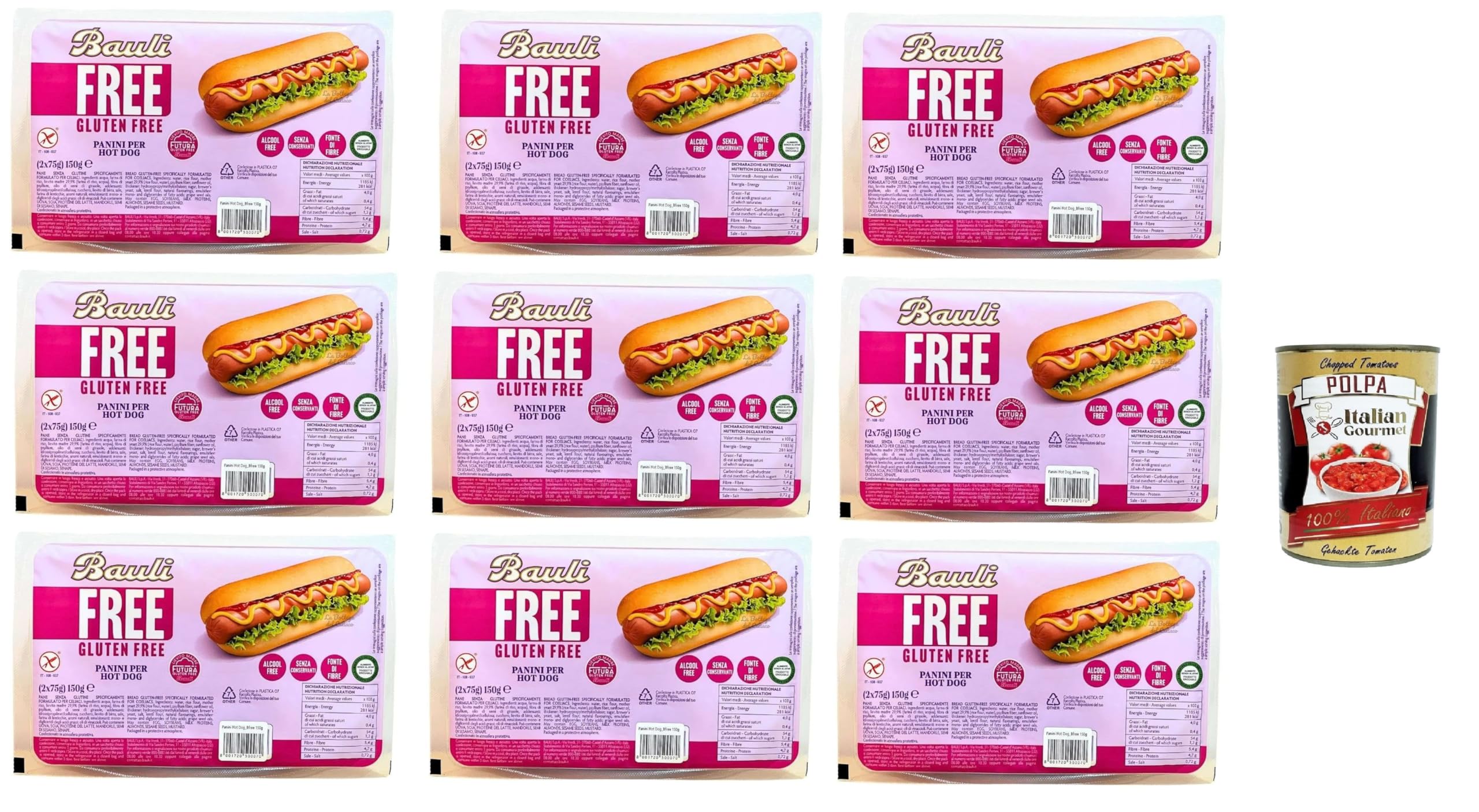 Bauli Free Hot Dog Brötchen – 2 Stück à 75g – Glutenfrei, Palmölfrei und Extra Weich 9x150gr + Italian Gourmet polpa 400g