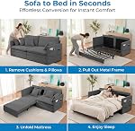 Mjkone 198CM Pull Out Sofa Bed, 3-in-1 Convertible Sleeper Sofa with Side Pockets, Queen Size Velvet Pull Out Couch Loveseat Sleeper Bed for Living Room Apartment Home Office Guest Room, Dark Grey