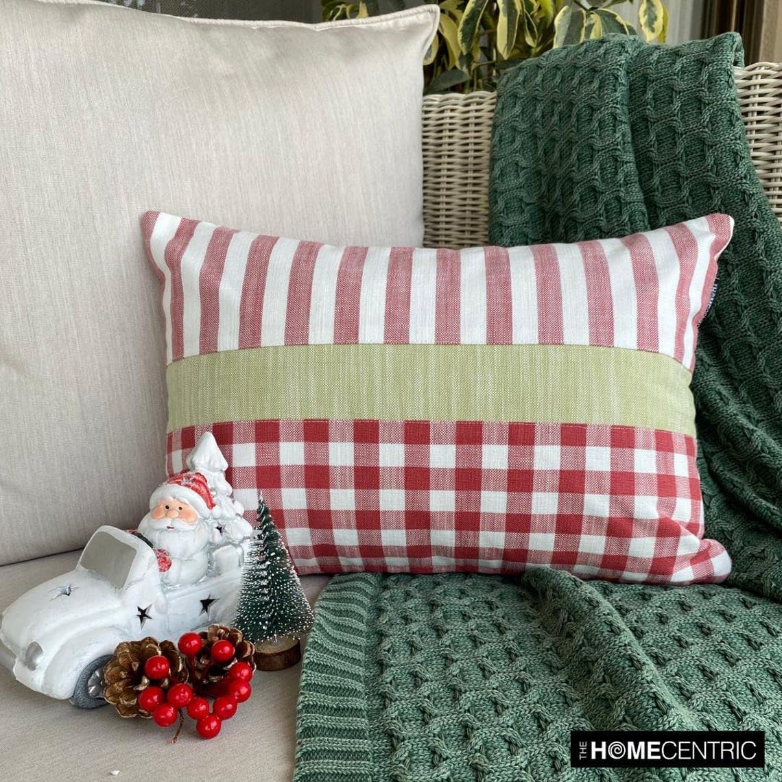 Holiday Decorative Lumbar Pillow Cover, 12" x 14" Red Cotton Pillowcase, Farmhouse Check & Stripe Buffalo Checks Oblong Pillow Cover For Sofa Couch, Hotels, Living Room, Bed Room - Red Merry Grid