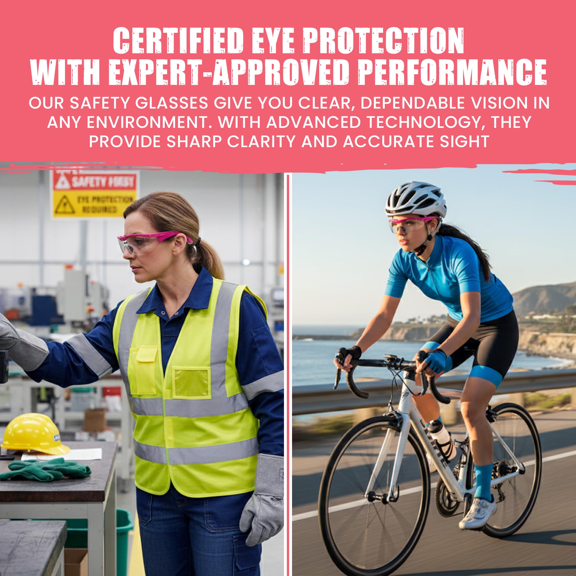 Safety Girl Okulary ochronne Navigator, okulary ochronne dla kobiet, okulary ochronne z nawigatorem, szkło odporne na zarysowania, 3 pary, różowe oprawki, przezroczyste soczewki
