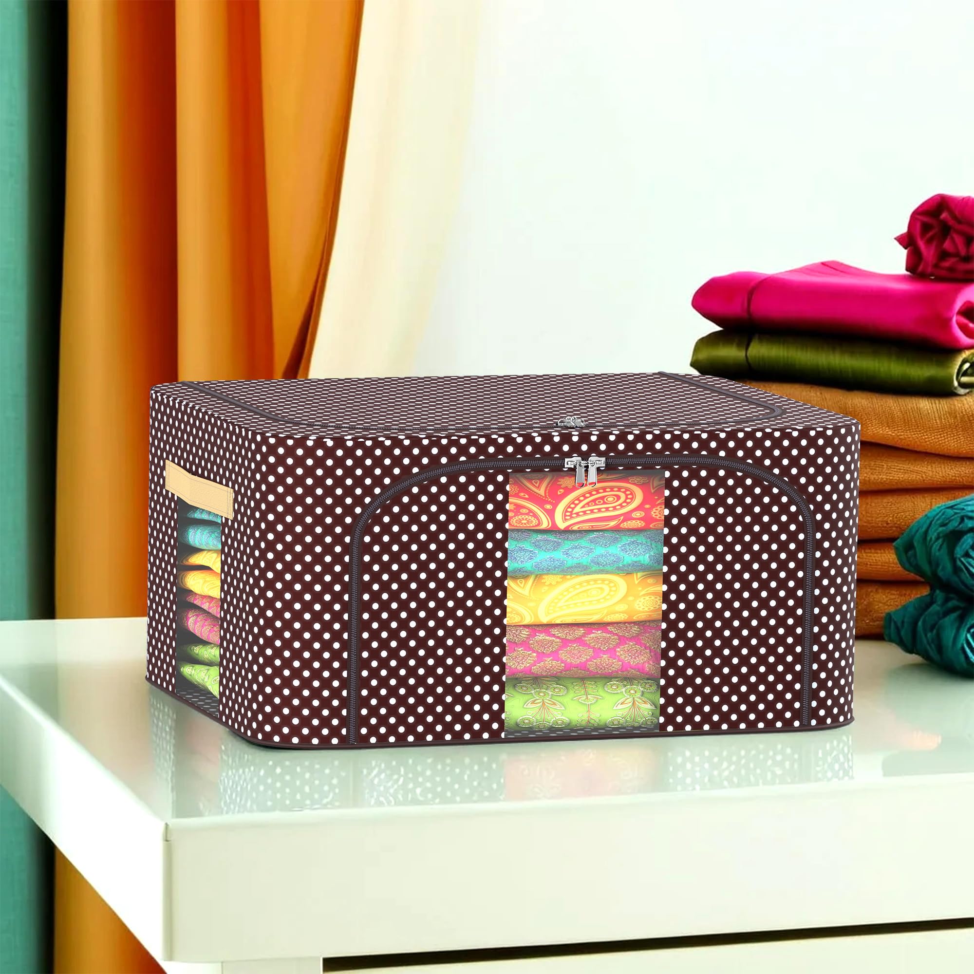 Heart Home 24 Liter Clothes Storage Box | Wardrobe Organizer | Parachute Steel Frame Drawer Organizer | Waterproof Underbed Storage Bag | Storage Box for Blankets | Dot Print | Brown-image-29