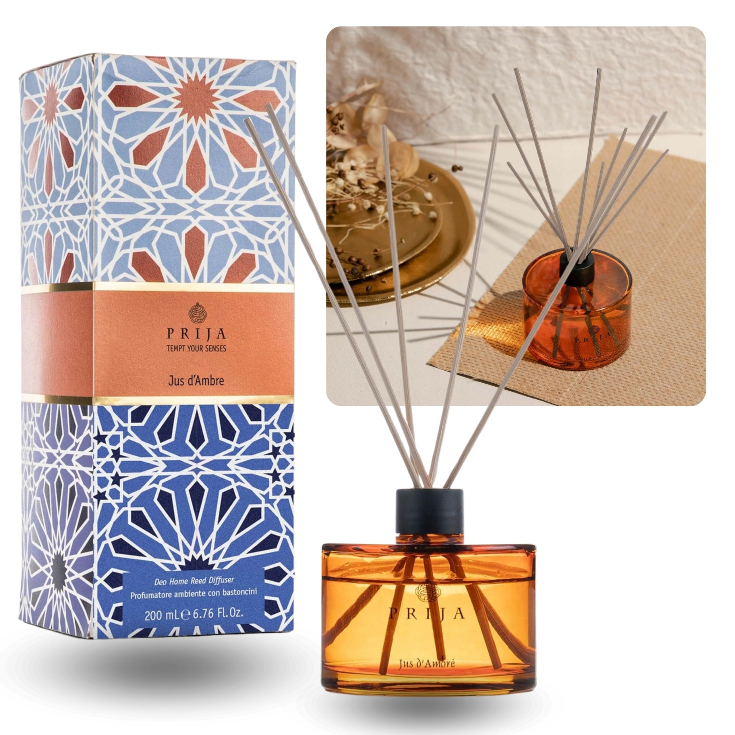PRIJA Ambra-Duftstäbchen - Aromatische Duftstäbchen, 200 ml