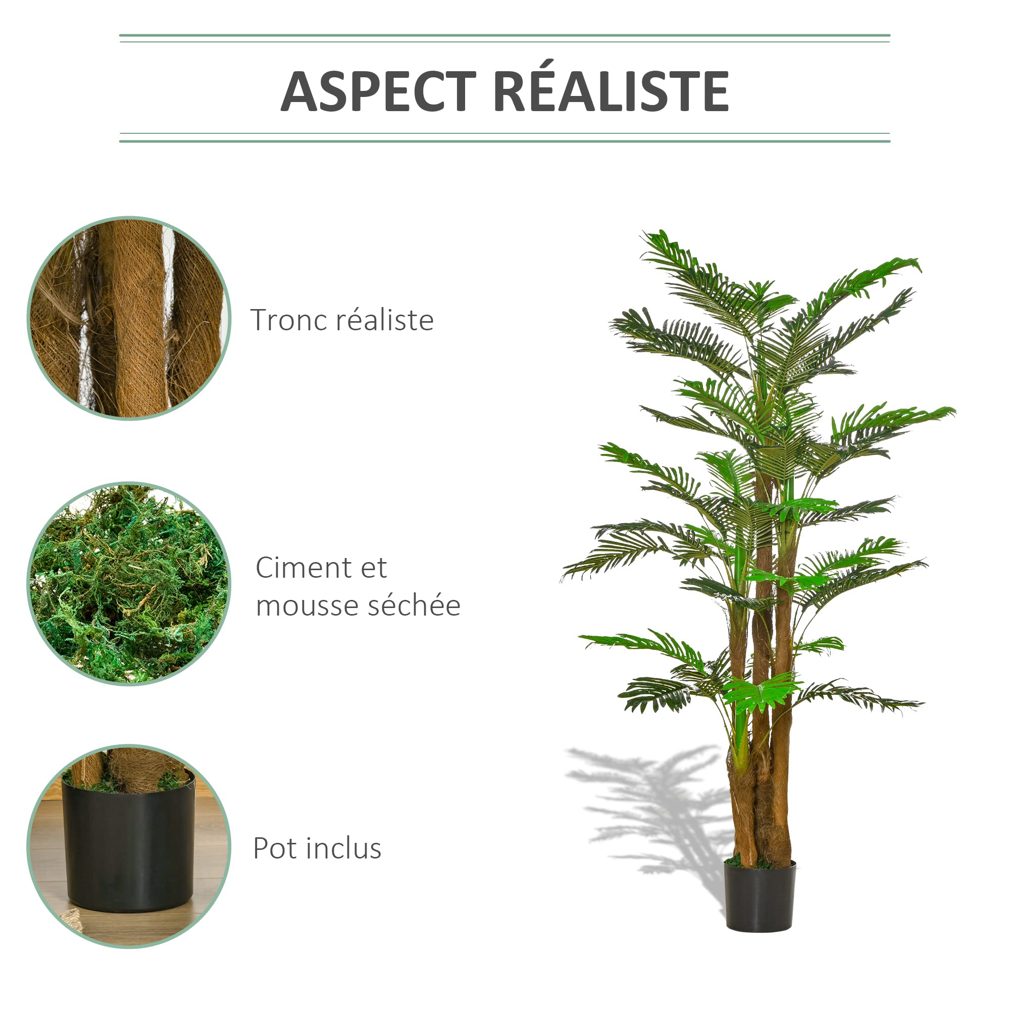 Outsunny Palmier Artificiel H.1,85 m Arbre Artificiel Tronc Branches Lichen Feuilles Grand réalisme Pot Inclus