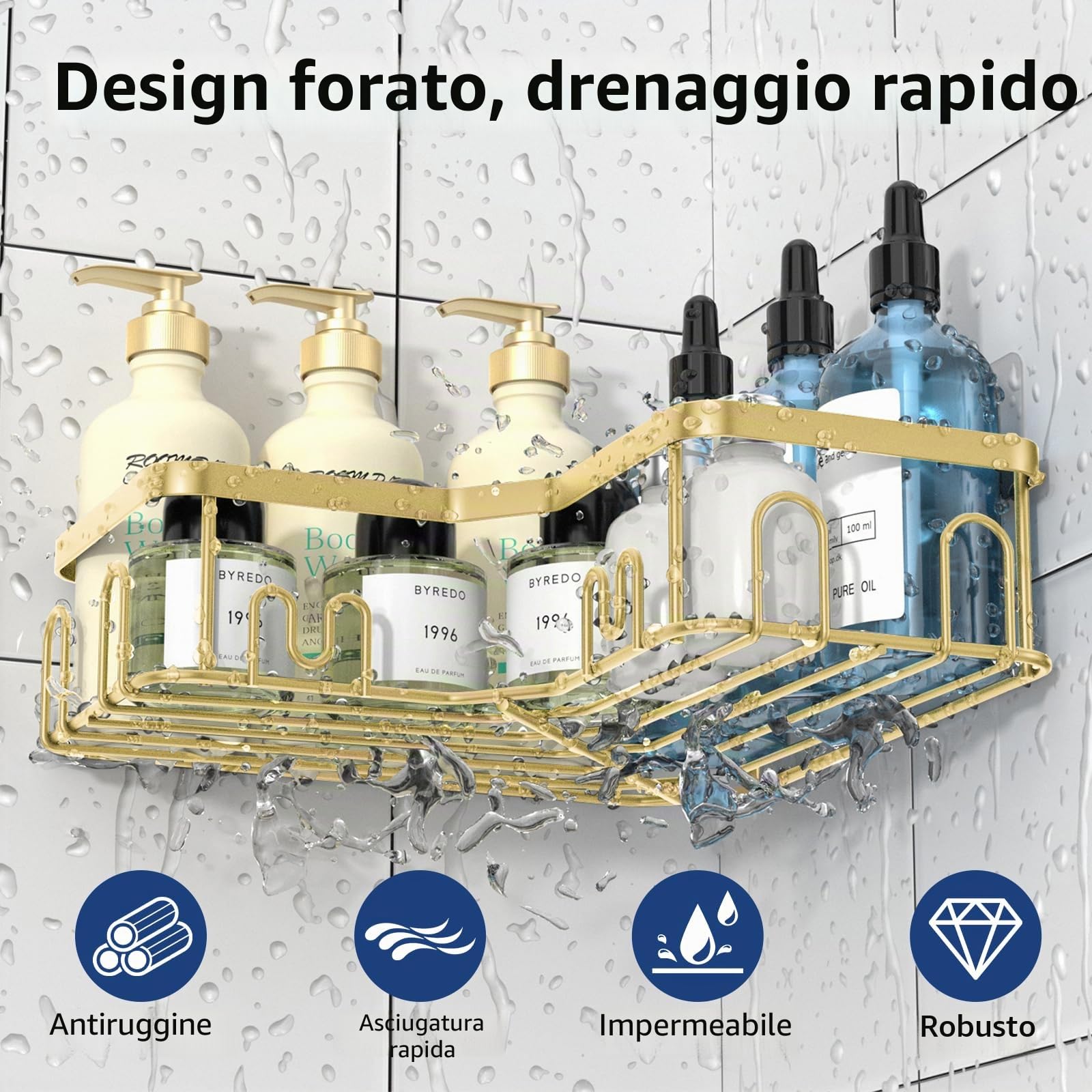 Menbyci Confezione da 3 mensole angolari per doccia, mensole adesive da bagno con 18 ganci, organizer per doccia senza trapano e ad asciugatura rapida con grande capacità, in acciaio inossidabile