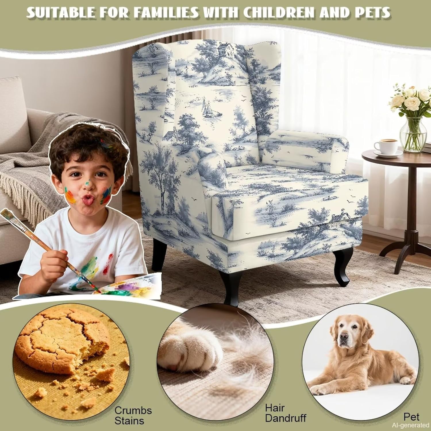 Blue Toile 2-Piece Stretch Wingback Chair Covers
