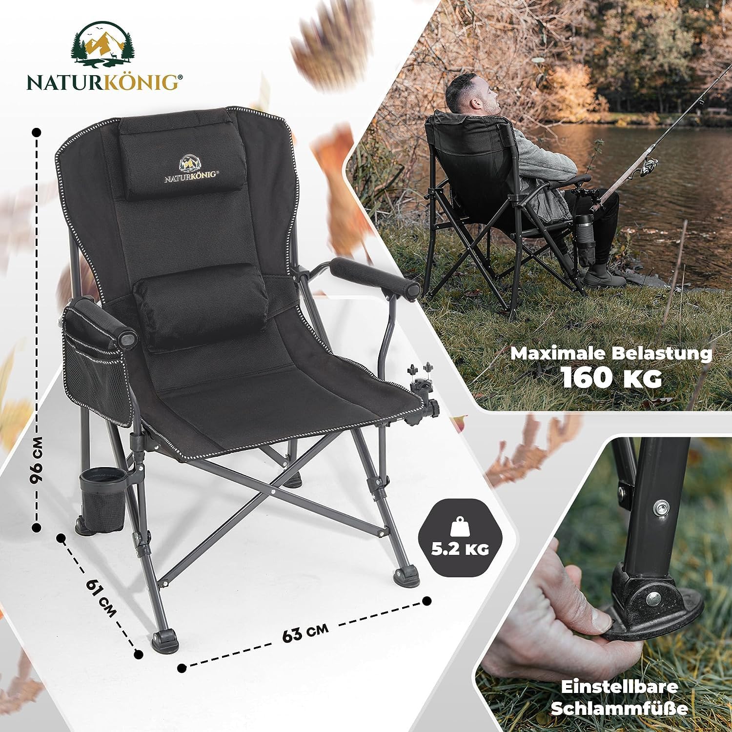 Campingstuhl Faltbar bis 160 kg Große Sitzfläche Klappstuhl | Ergonomischer Angelstuhl mit Kissen Tasche Getränkehalter, klappbarer Strandstuhl & Faltstuhl für Camping, Angeln & Outdoor
