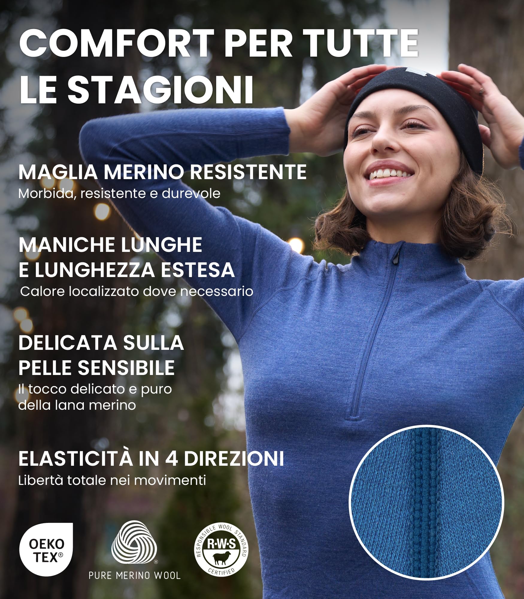 Merino.tech Maglia Donna Merino Wool Mezza Zip - 100% Intimo Termico Lana Merino Lite, Medio Peso, Pesante e Calzini