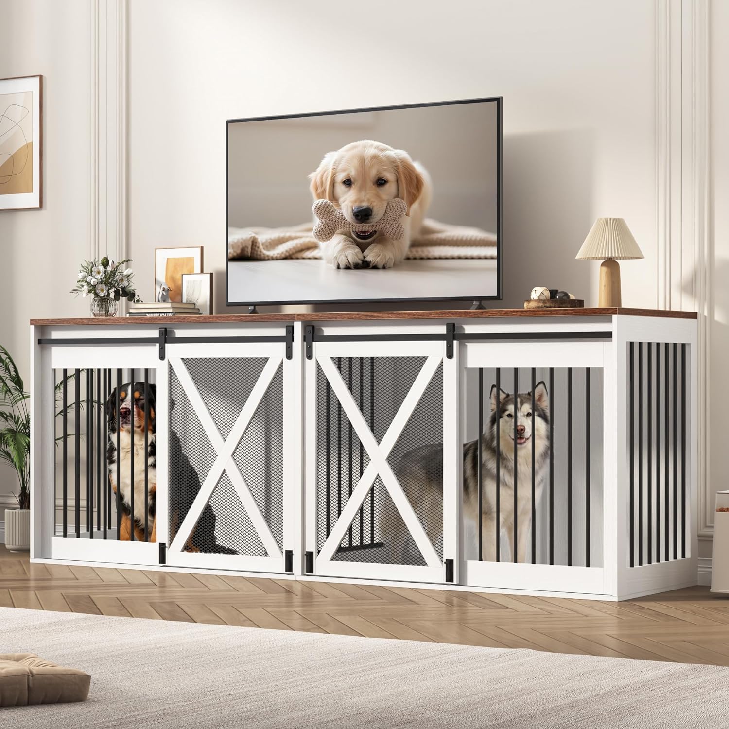 Cushore 94 Inch Double Dog Crate Furniture for 2 Large Dogs, Dog Kennel TV Stand Large Breed, Farmhouse Dog Cage Furniture with Center Divider, XXXL Dual Dog Crate Entertainment Center, Black