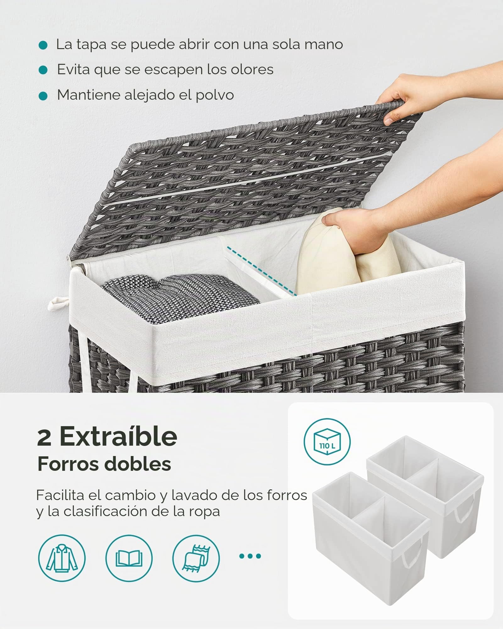 SONGMICS Cesto de Ropa Sucia con Tapa, Cesta Ropa Sucia 110 L, 2 Compartimentos, Bolsa Extraíble con Asas, Tejido a Mano, para Dormitorio, Baño, Lavandería, 33 x 57 x 60 cm, Gris LCB252G01