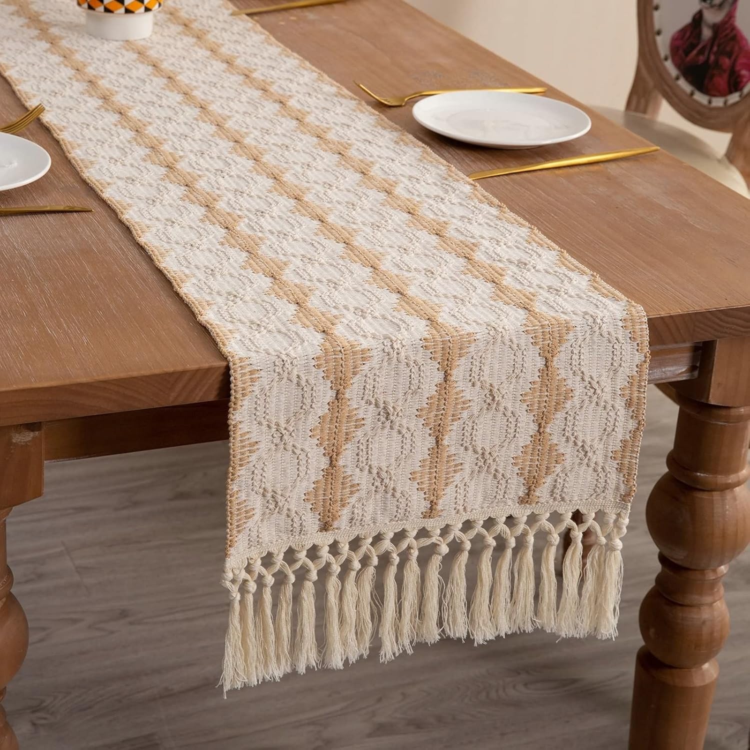 Table Runner for Living Room,12" x 71",Braided with Tassels Linen Table Runner Table Runners Khaki
