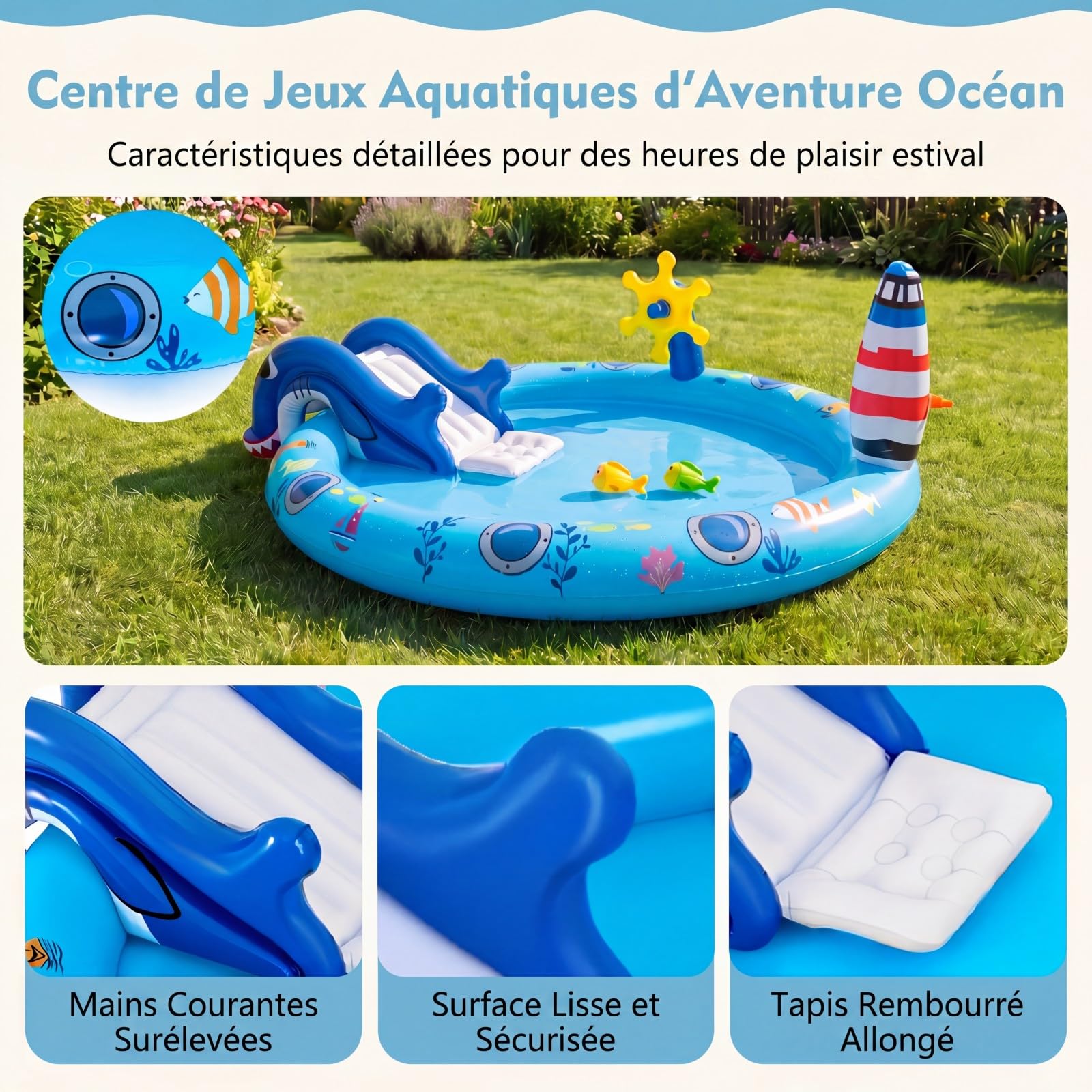SOARS Piscina Gonfiabile Bambini, Parco Giochi Acquatico a Tema Marino con Scivolo, Irrigatore, Timone, 2 Pesci Giocattolo, Retino e 2 Toppe di Riparazione per Bambini 2-6 Anni, 188 X 153 X 63 CM