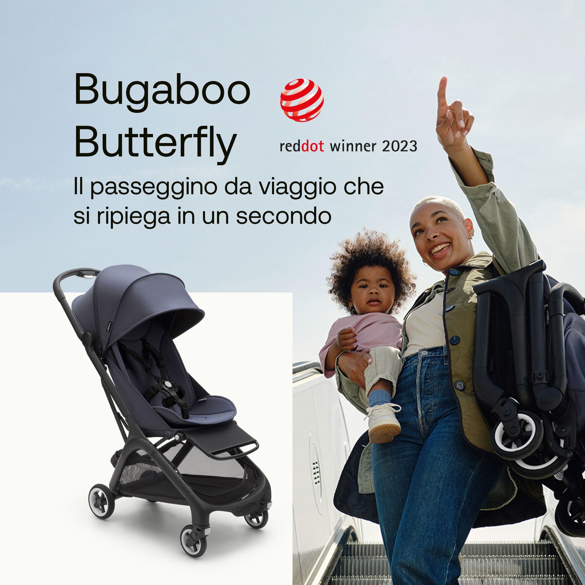 Bugaboo Butterfly Passeggino da Viaggio Ultracompatto, Piccolo e Leggero, Si Chiude in 1 Secondo, Passeggino da Città Ergonomico e Spazioso, da Neonato a Bambino, Guida Comoda, Stormy Blue