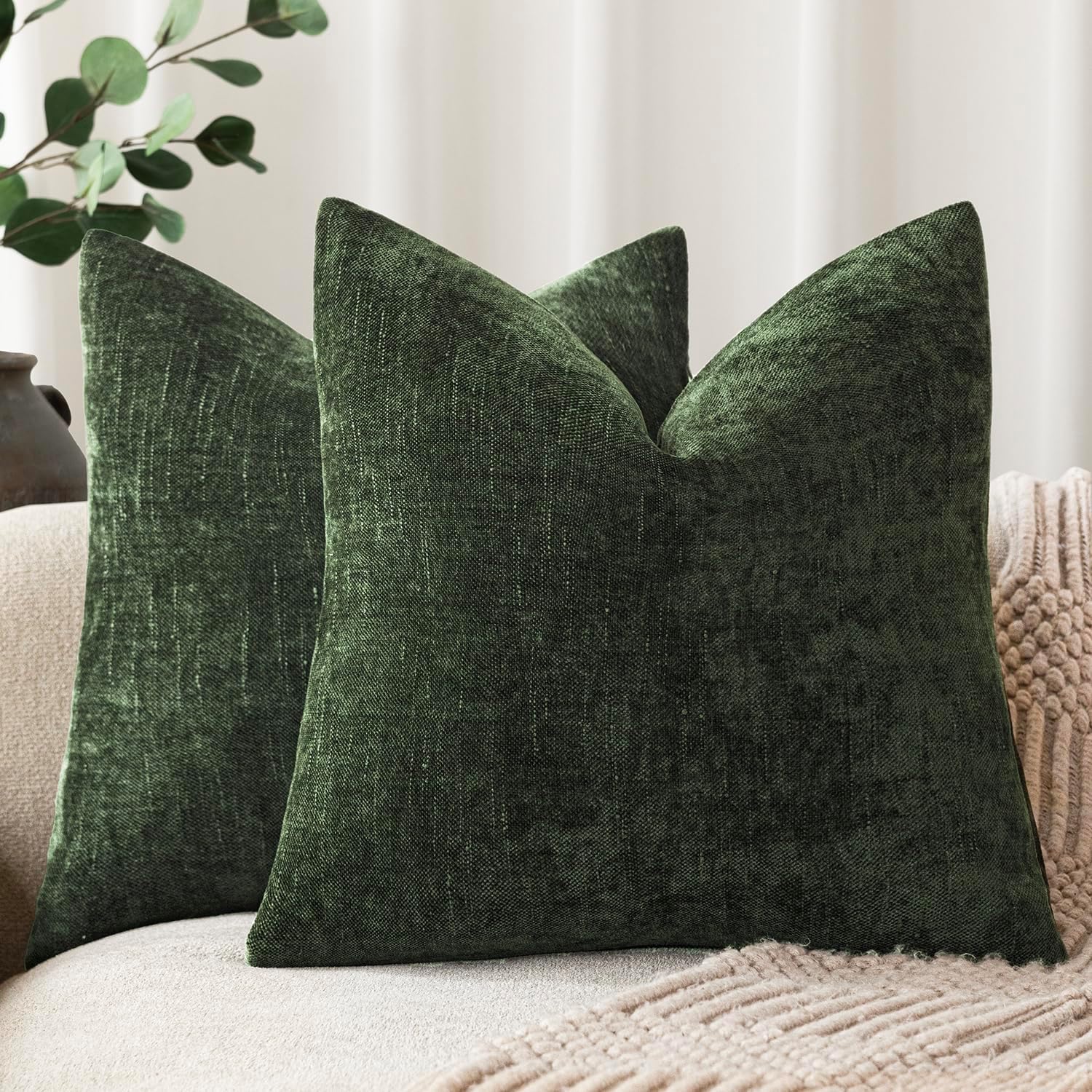Foindtower Pack of 2 Soft Textured Chenille Throw Decorative Pillow Covers Square Accent Solid Cushion Cover Neutral Farmhouse Pillow Case for Couch Sofa Bedroom Living Room 20x20 Inch,Dark Green