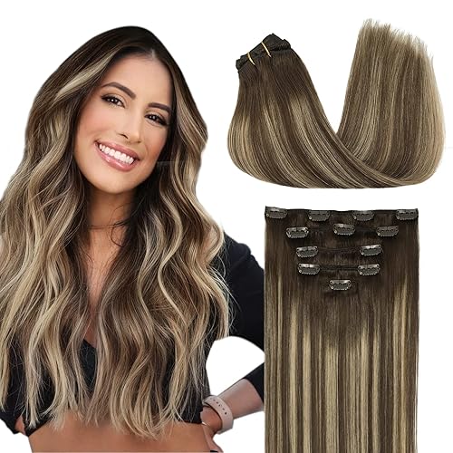 DOORES Extensiones de cabello humano real con clip, 5 unidades, 2.82 oz, balayage, marrón chocolate a rubio miel, extensiones de cabello lacio