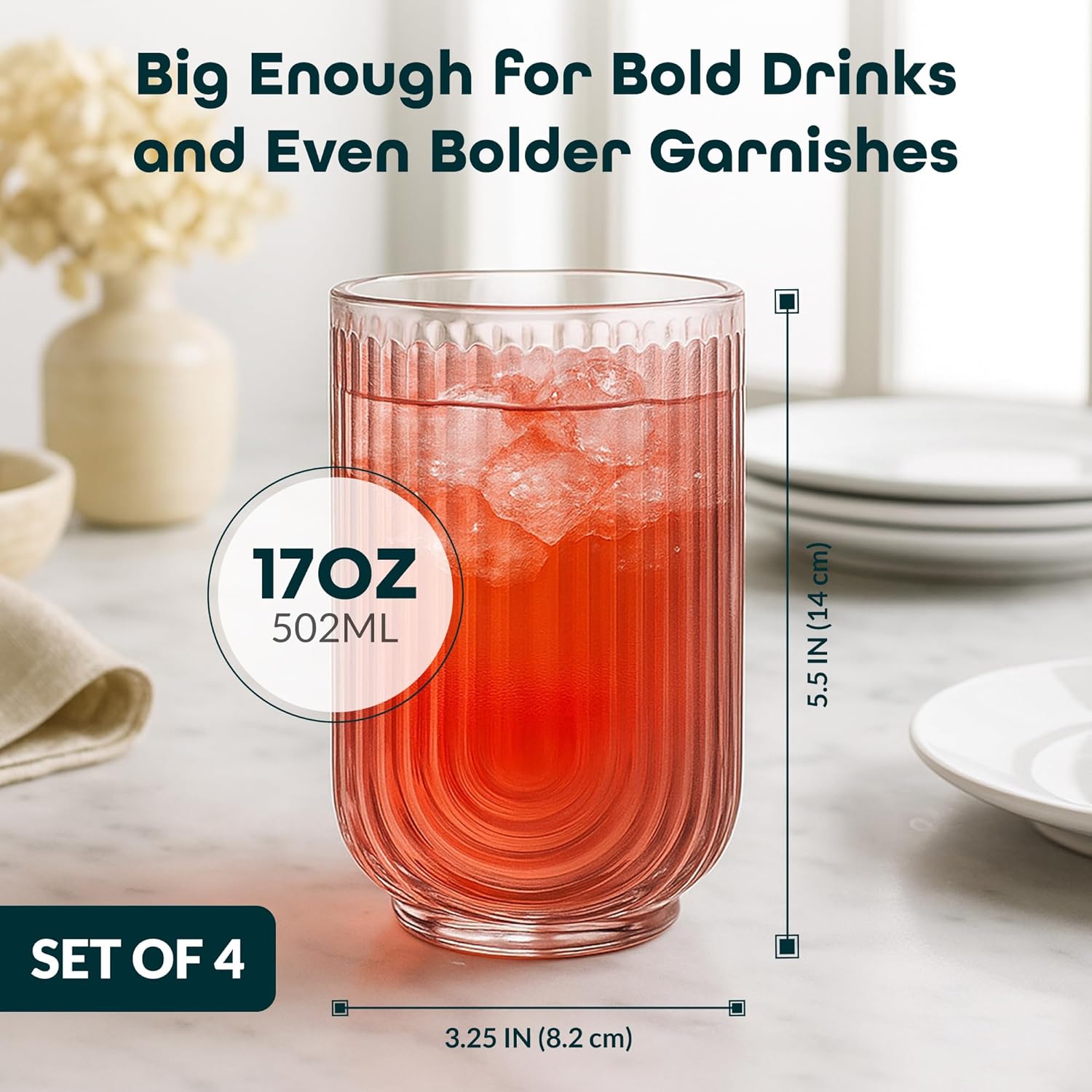 Glaver's Vintage Glassware Art Deco Glasse Ribbed Drinking Glasses U-Shape Arch Design Colored Cocktail Kitchen Tumblers Everyday Dinner Decorative Party (Pink S/4 17oz) - Image 5