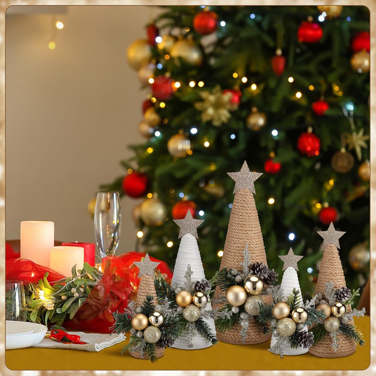 Thyle 5 Pcs Christmas Yarn Trees Table Decoration Artificial Christmas Cone Tree with Xmas Tabletop Stars Xmas Centerpiece for Winter Holiday Kitchen Tiered Tray Home Decor Party Supplies