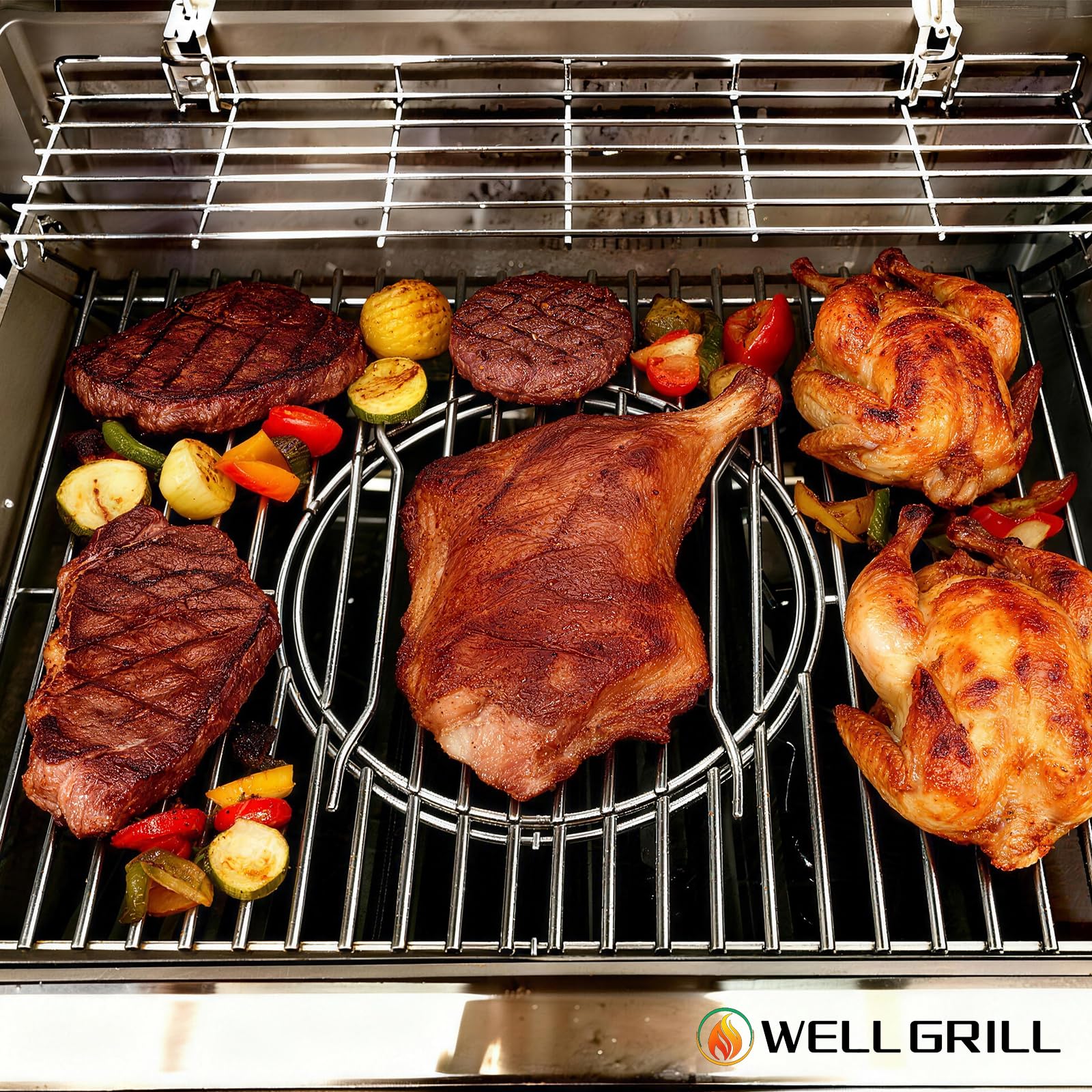 WELL GRILL Ruszt do grillowania ze stali nierdzewnej, 47,6 cm, z okrągłymi, wbudowanymi akcesoriami do grilla gazowego Weber Genesis II i II LX 300, Genesis II E310, S310, E335, E315, E340, S340
