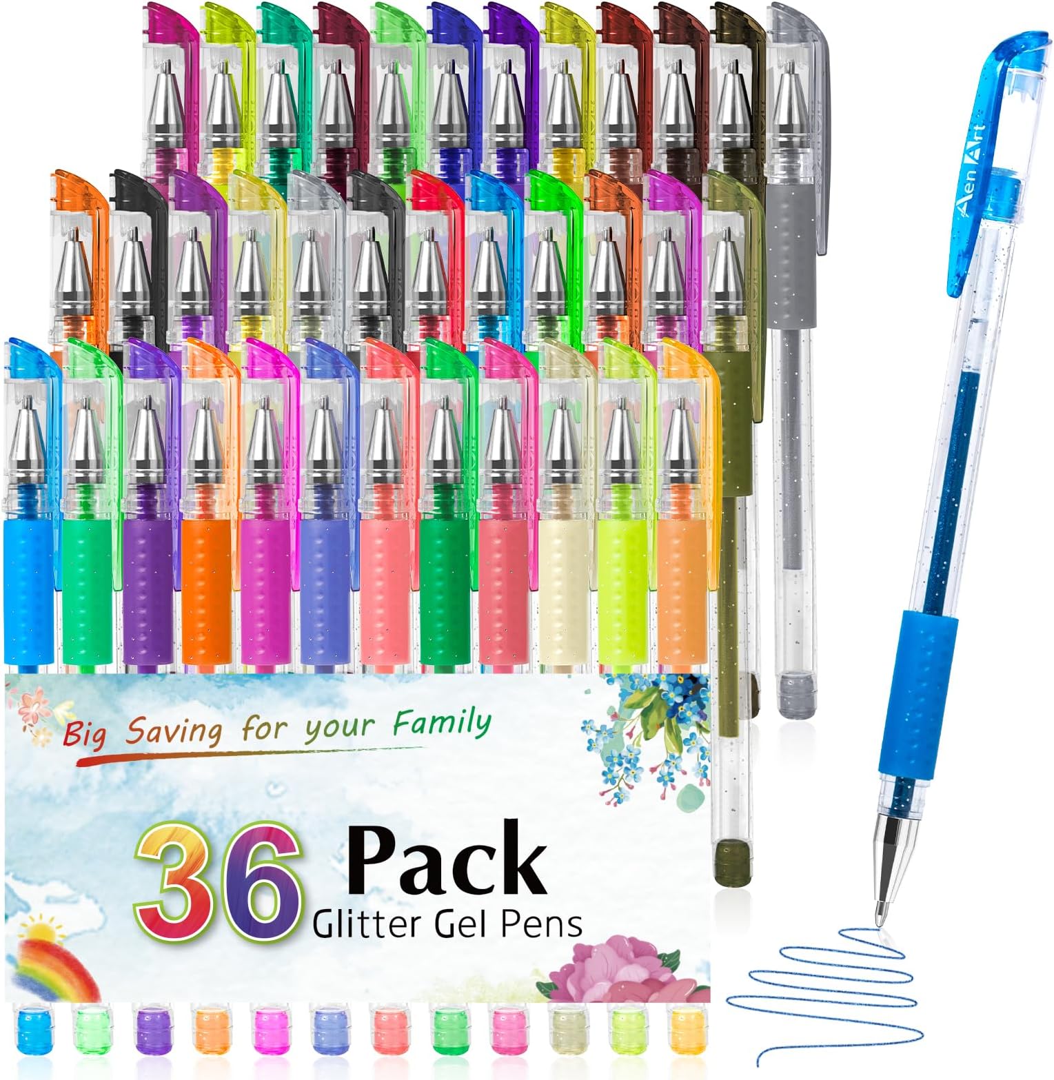 Aen Art Glitter Gel Pens for Adult Coloring Books, 36 Colors Gel Marker Set Colored Pen with 40% More Ink for Kids Drawing, Doodling, Crafts and Taking Note