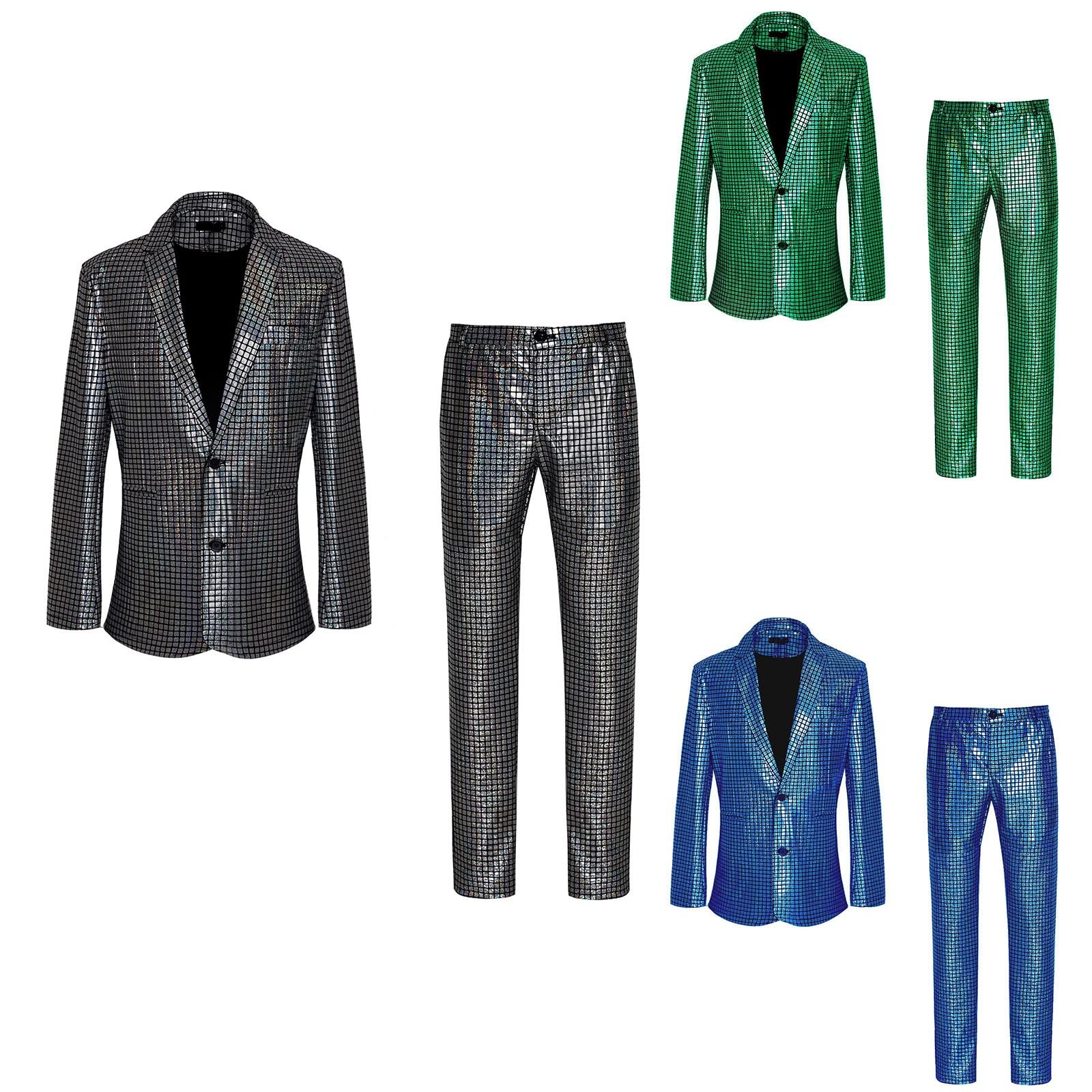 Herren Disco Sets Metallic Pailletten Anzüge 70er Jahre Disco Kostüm inklusive Glänzender Jacke und Hose Pailletten Anzugjacke Blazerjacke Sakkos-Anzugjacken Set Freizeitanzug