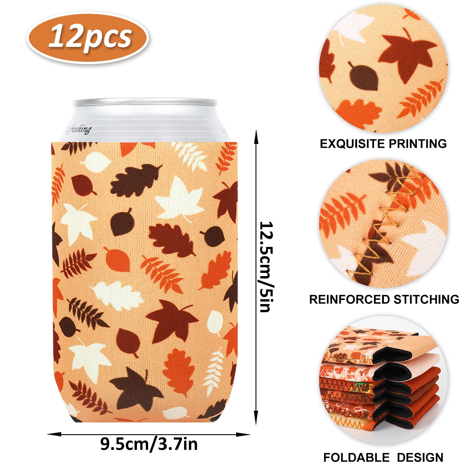 Whaline 12Pcs Fall Can Sleeves Thanksgiving Can Cooler Covers Pumpkin Turkey Neoprene Insulated Beer Caddies Reusable Thermocoolers for Beverages Cans Bottles Autumn Thanksgiving Party Favors