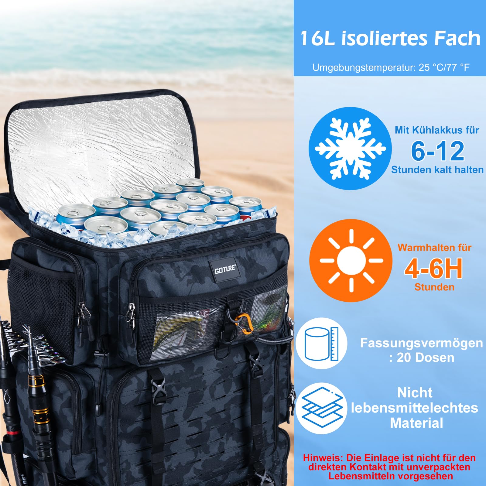 Goture Sac à dos de pêche 72 l avec sac isotherme (16 l) et compartiment sec/humide – Compartiments réglables Sac à outils de pêche imperméable, 2 porte-cannes, protection contre la pluie pour pêche