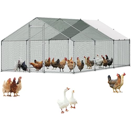VEVOR Large Metal Chicken Coop, 19.7x9.8x6.5ft Walk-in Chicken Runs for Yard with Cover, Spire Roof Hen House with Security Lock for Outdoor and Backyard, Farm, Duck Rabbit Cage Poultry Pen