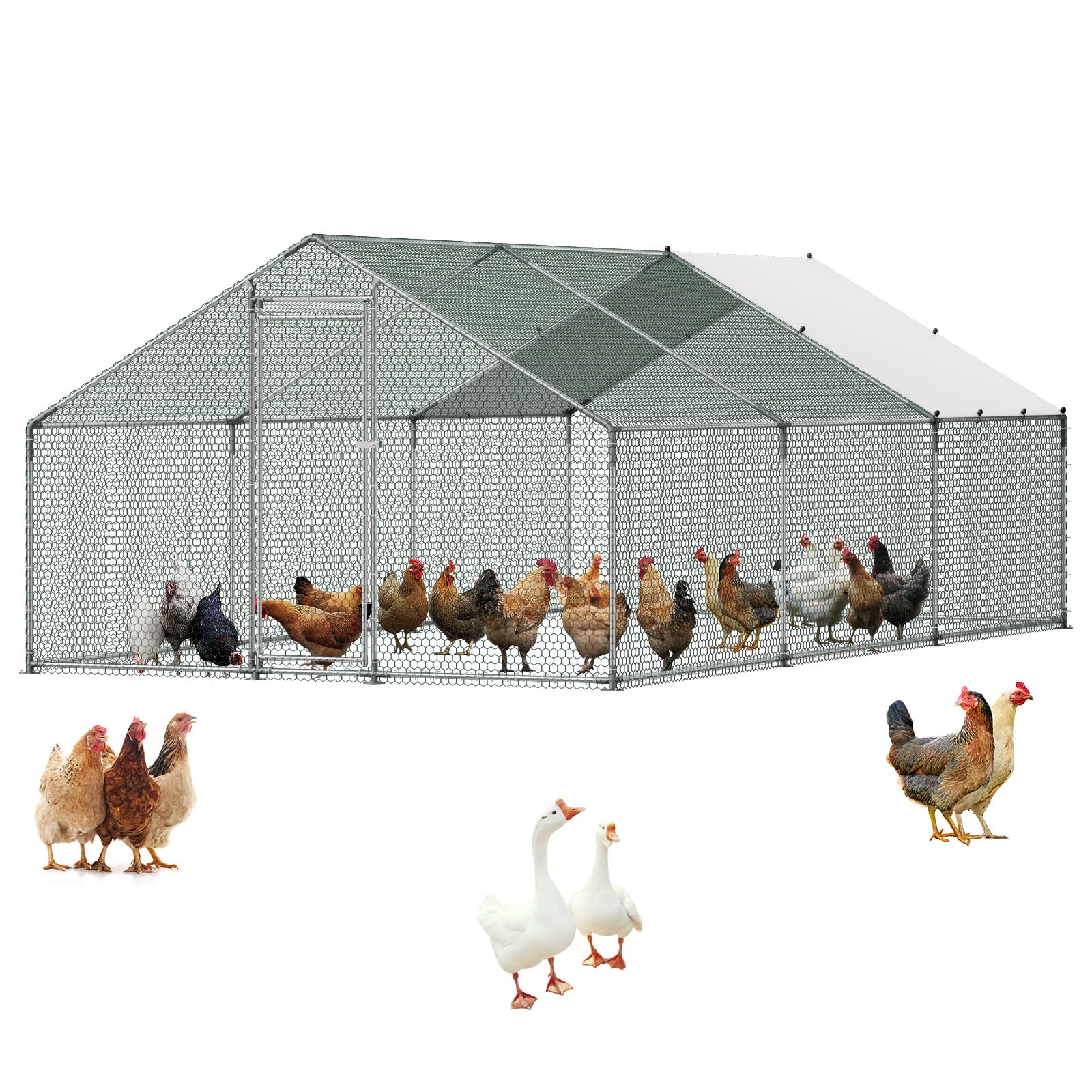 VEVOR Large Metal Chicken Coop, 19.3x9.8x6.5ft Walk-in Chicken Runs for Yard with Cover, Spire Roof Hen House with Security Lock for Outdoor and Backyard, Farm, Duck Rabbit Cage Poultry Pen