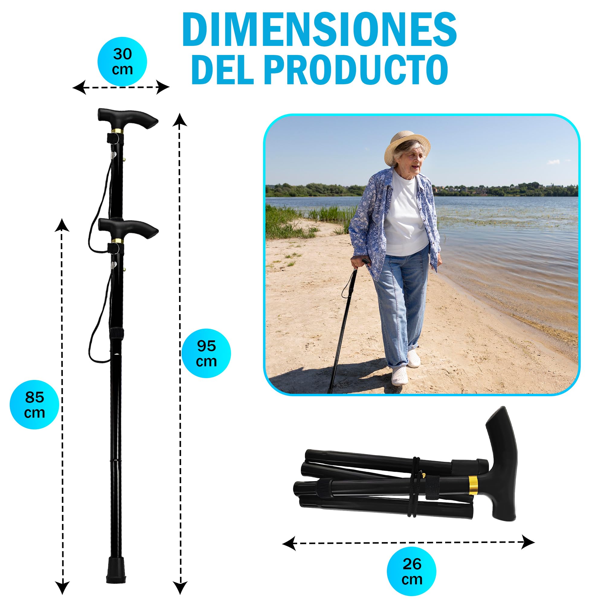 Bastón Plegable para Mayores + 2 Tapones Antideslizantes | Bastón Extensible Portátil Tapones Antideslizantes, Ideal para Caminar y Andar (Negro)