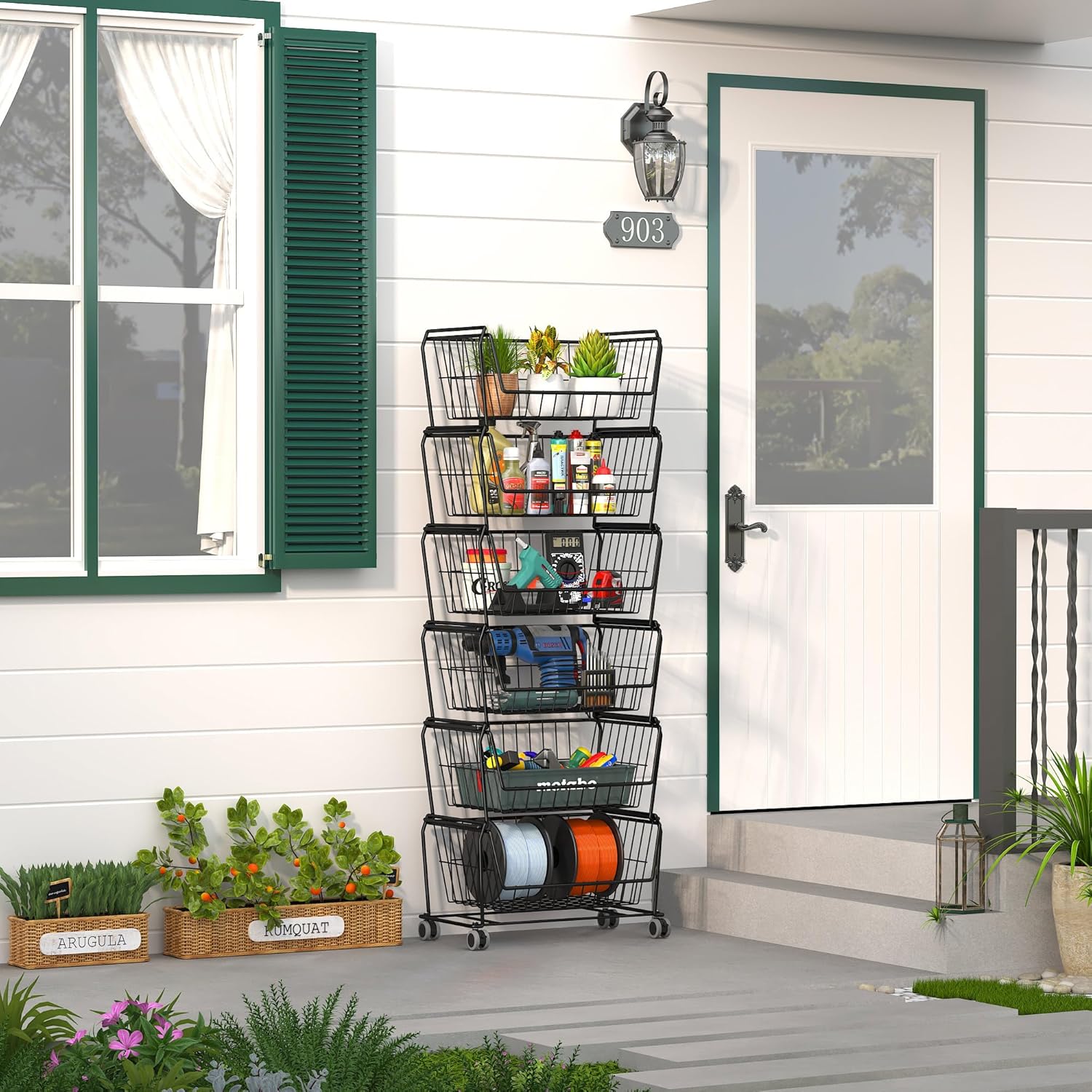 PUSDON Stackable Metal Storage Carts, Dual Use Shelf for Kitchen Fruit Vegetable Baskets with Wheels, Storage Rack for Living Room, Home & Office, Standard Black 6 Tiers