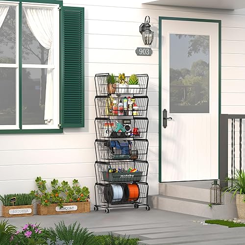 Miniatura 7 de PUSDON Cestas de almacenamiento de metal apilables de 4 niveles, estante antioxidante para frutas y verduras, estante de doble uso para cocina,