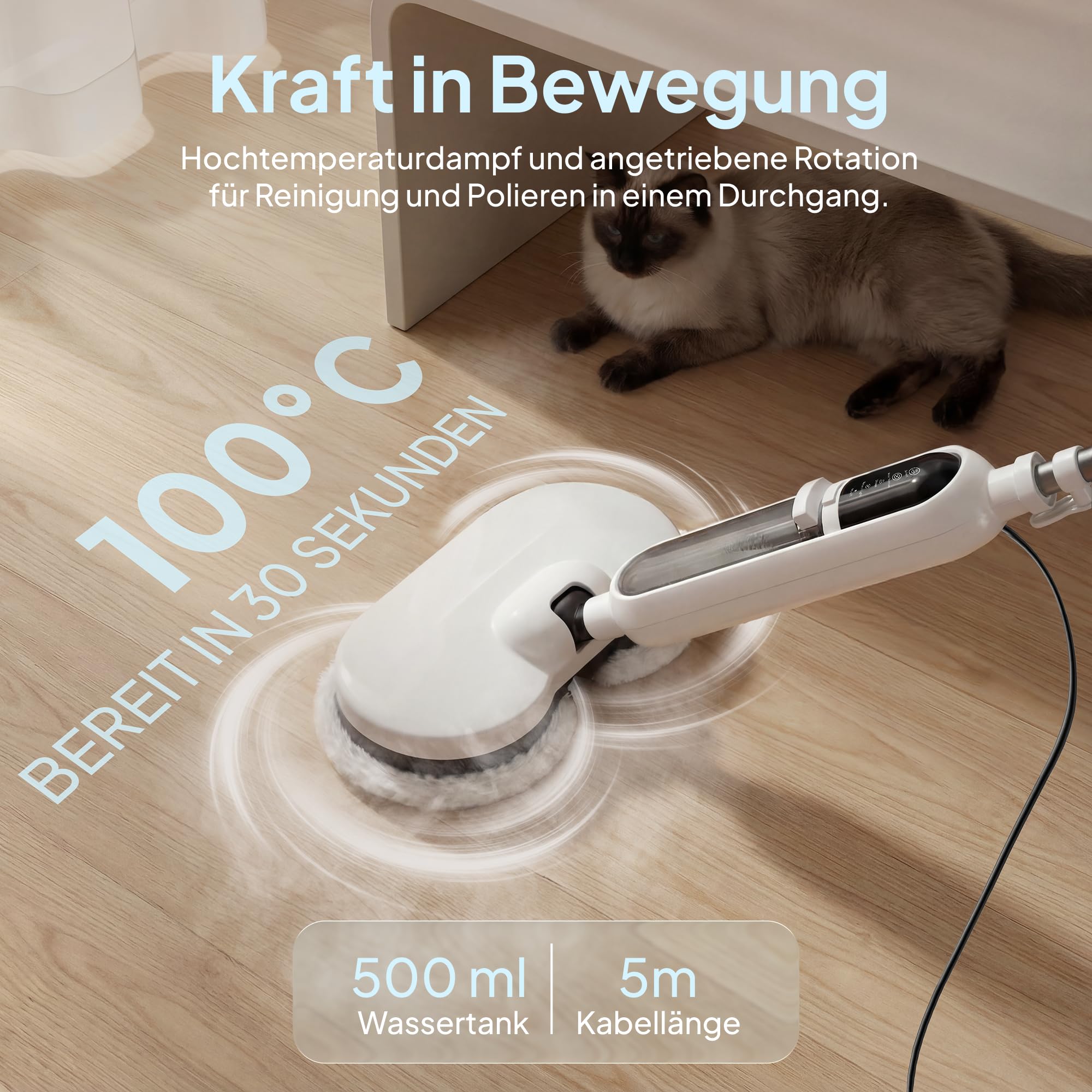 Livatro Dampfreiniger für Hartböden mit rotierendem Wischkopf | 1300 W, Dampf in ca. 30 s, 500-ml-Tank, 15 Zubehörteile, 5-m-Kabel und 4 waschbare Pads