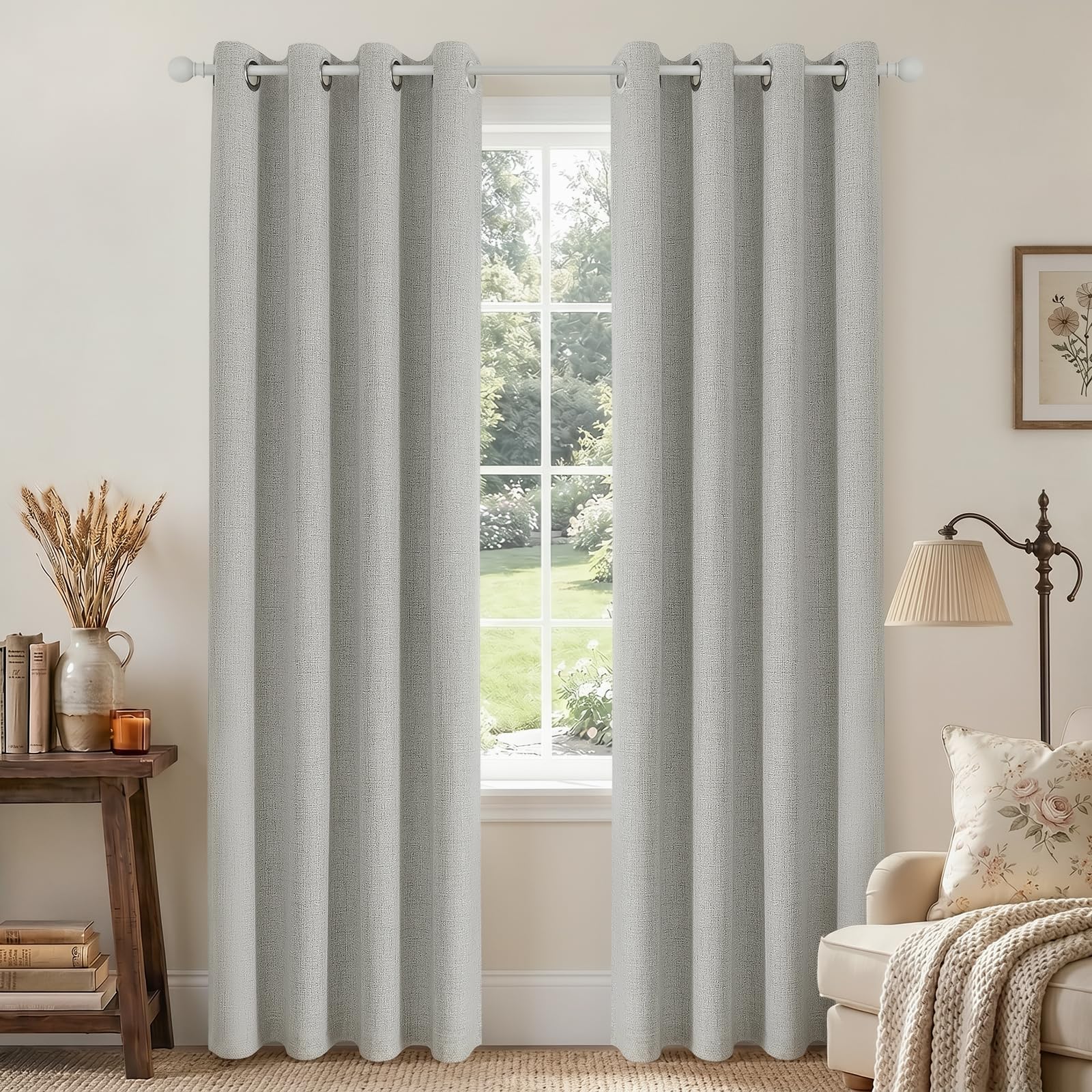 Joydeco Blackout Curtains 90 Inches Long 2 Panels Burg, Room Darkening Curtains for Bedroom, 100% Black Out Textured Thermal Drapes Privacy Protection 2 Panels Set(W42 x L90 Inch, Greyish White)