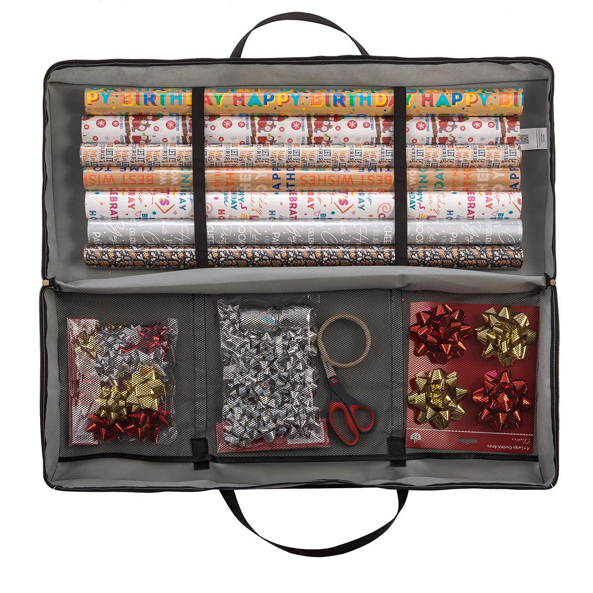 Wrapping Paper Fabric Storage Bag with Pouch (82 x 34 x 13 cm) Water and Dust Resistant Holder for Rolls of Paper, Pocket for Gift Tags & Bows (Grey)